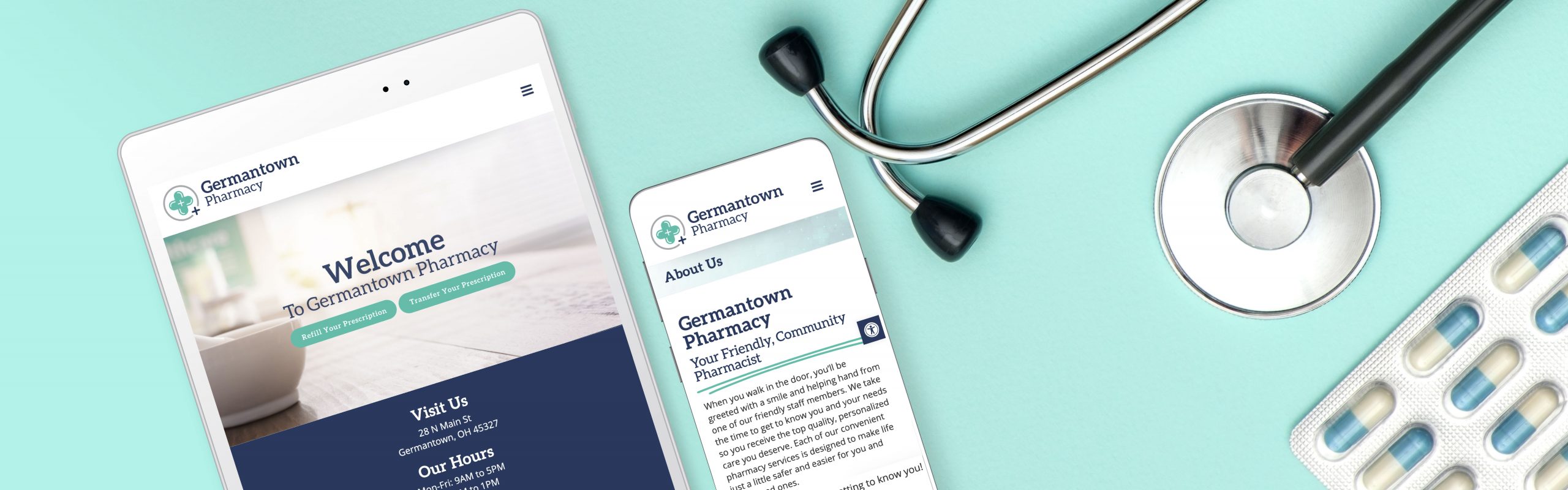 A digital tablet and smartphone displaying the Germantown Pharmacy telemedicine website, with a stethoscope and blister pack of pills placed on a teal background.