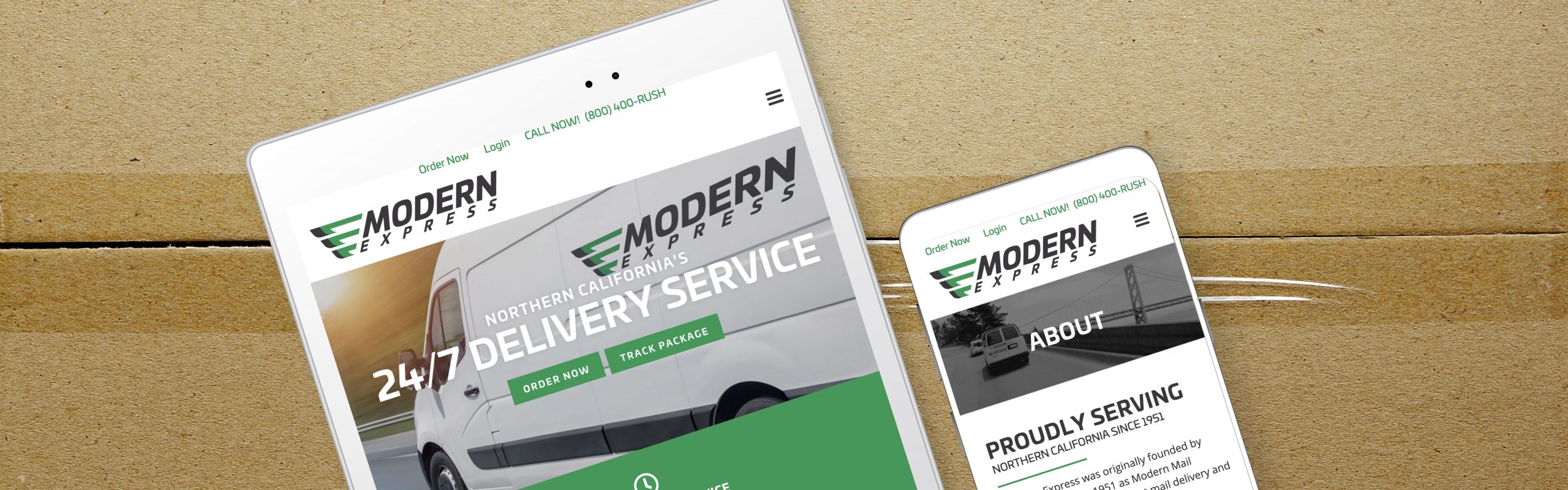 A tablet and a smartphone displaying a website for a modern express delivery service with consistent branding and design layout.