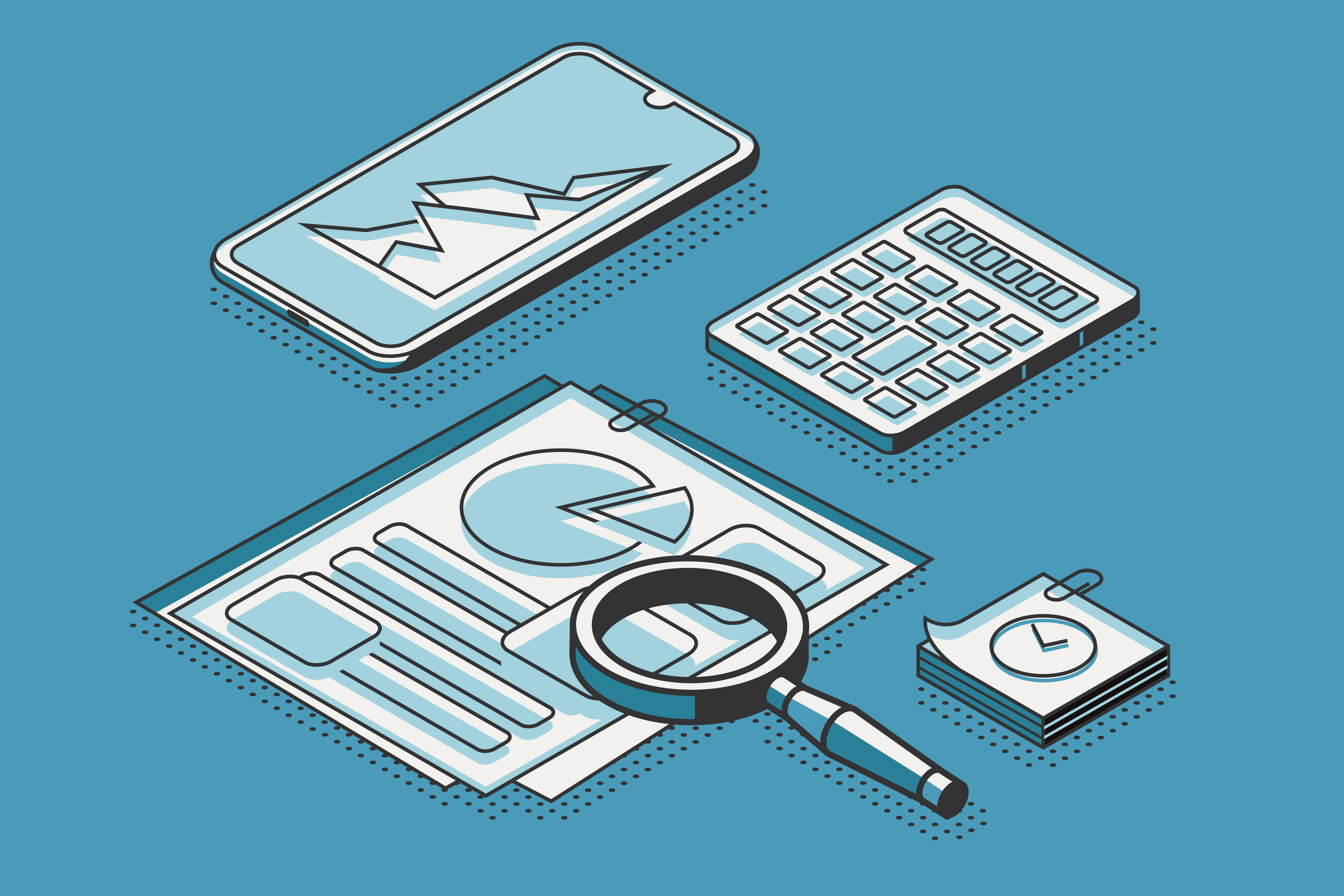 Isometric illustration depicting a variety of business and analysis tools for brand audit, including a smartphone with graphs, a calculator, financial documents under a magnifying glass, and a notepad with a clock,
