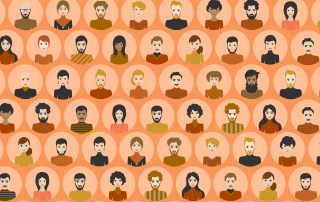 A blog featuring a pattern consisting of various illustrated, diverse faces of people against a peach background.