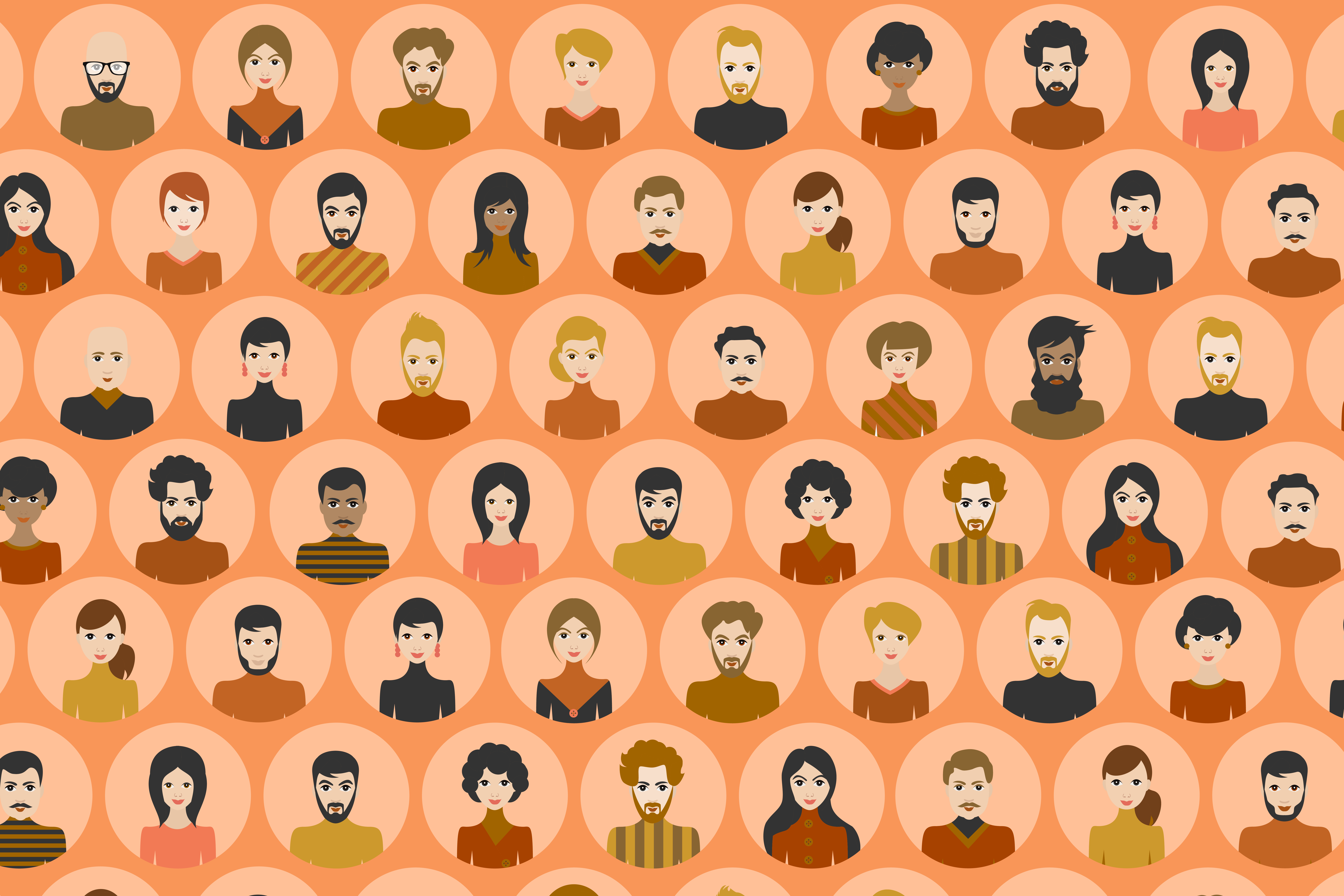 A blog featuring a pattern consisting of various illustrated, diverse faces of people against a peach background.
