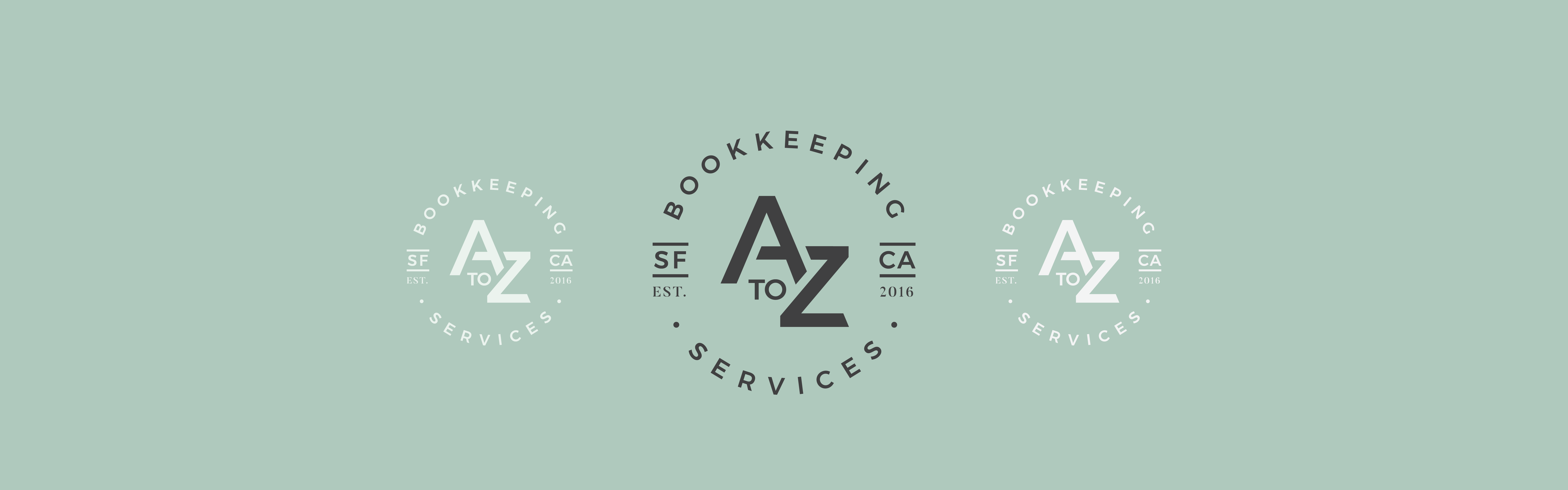 The image displays a logo for A to Z Bookkeeping services with the title "A to Z Bookkeeping Services" centered between two identical circular symbols featuring initials, a scale icon, and the establishment year