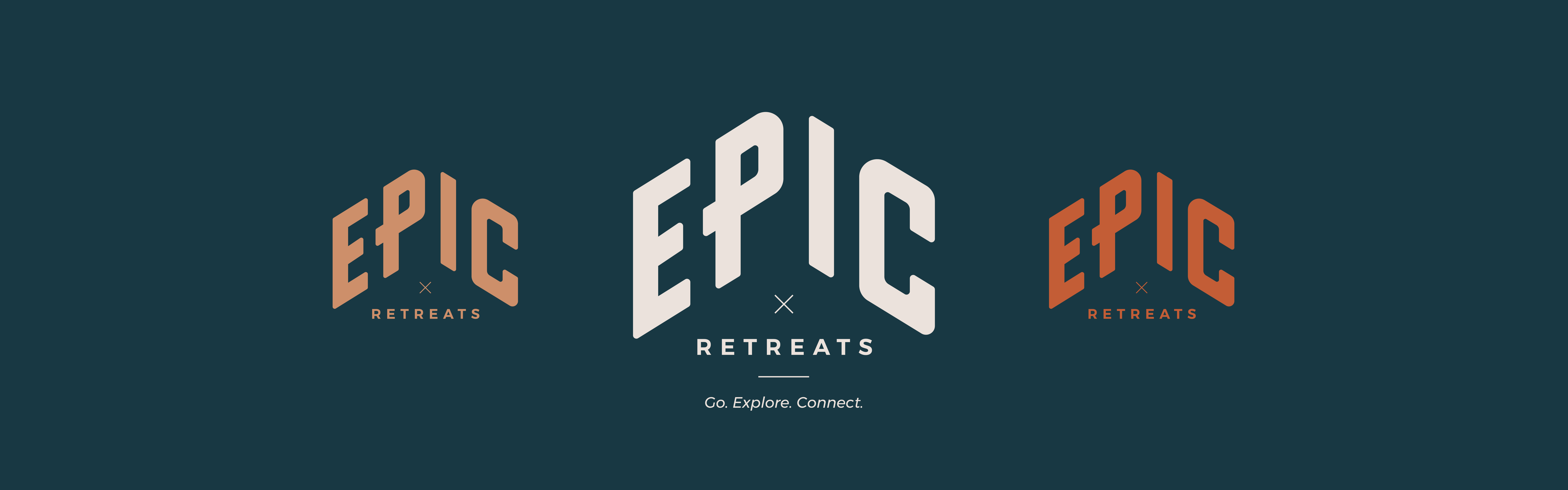 This is a graphic image featuring the stylized text "Epic Retreats" presented in three different font variations. The colors used are white and orange against a dark blue background, and there is.