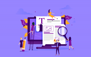 A graphic illustration depicting a group of miniature people interacting with oversized stationery and blog content creation icons, representing a collaborative effort in digital content editing and management.