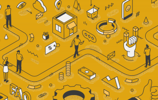 Illustration for a blog in a monochromatic color scheme featuring stylized people and various business and technology-related icons interconnected by a winding path.