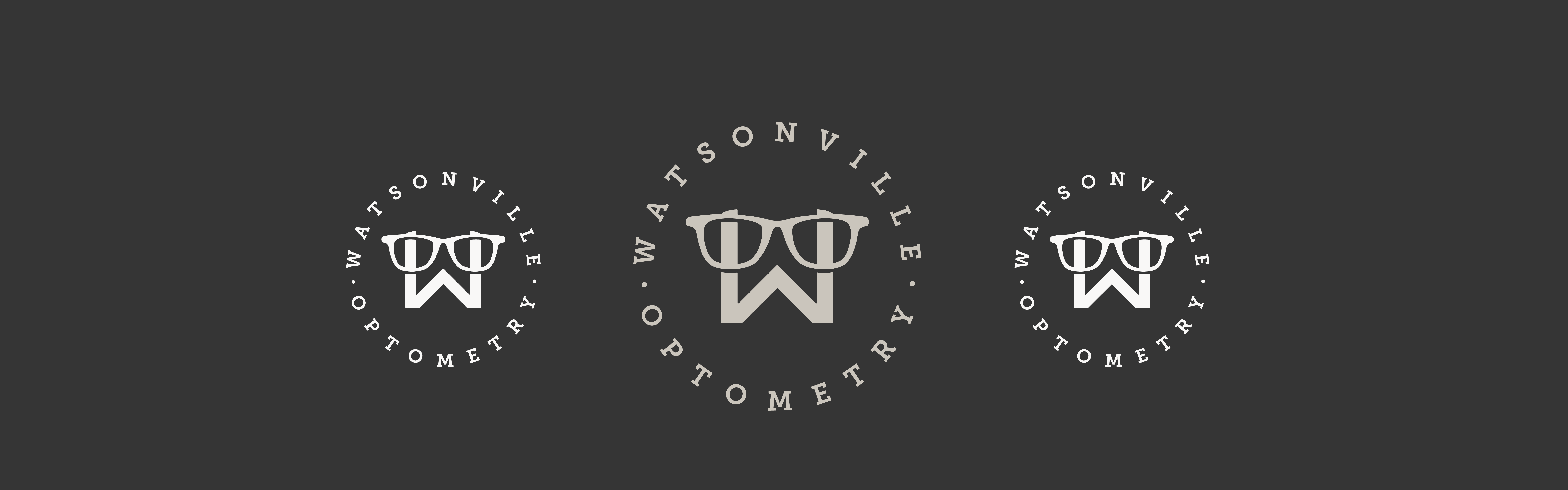 Three variations of a logo design for Watsonville Optometry, featuring stylized eyeglasses centered above the text.