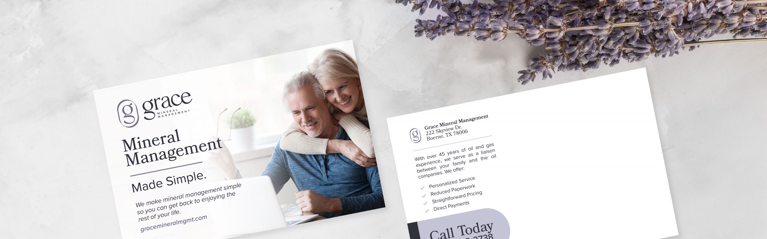 Marketing materials for a company named "Grace Mineral Management," featuring an image of a smiling older couple, with a tagline "made simple." There are also contact details and an invitation to call today.