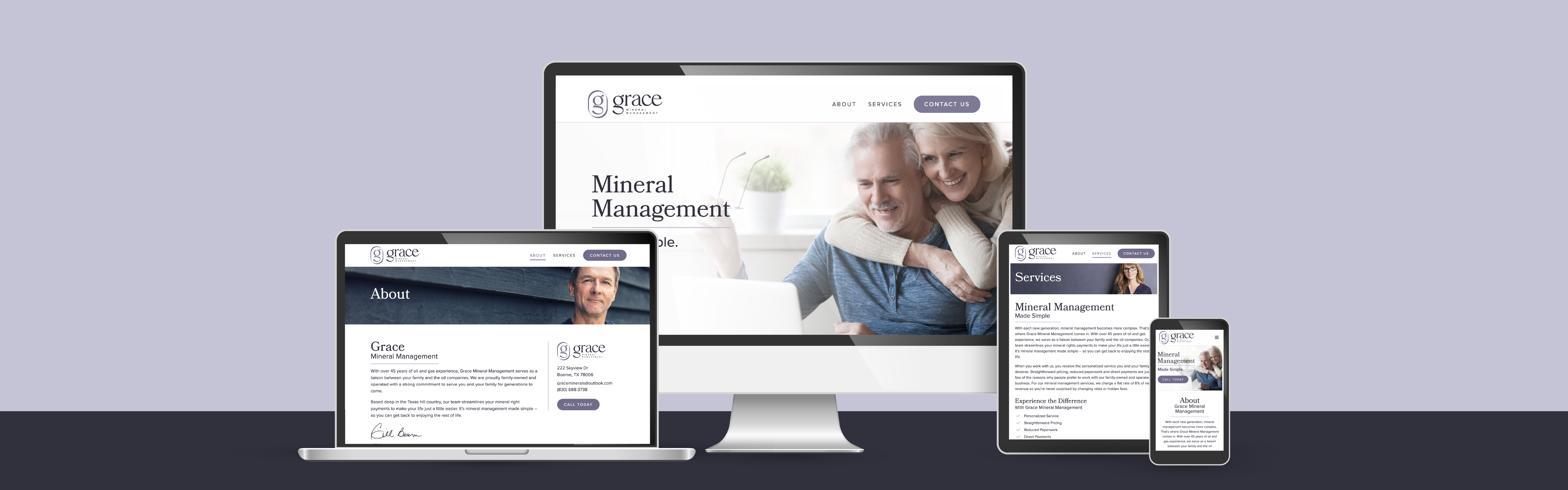 A display of a responsive website design shown across multiple devices: a desktop computer, a tablet, and a smartphone, all with matching content about Grace Mineral Management.