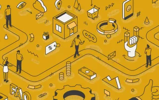 a yellow vector graphic illustrating the user experience on a website that works to attract, engage, and convert people into clients for small businesses