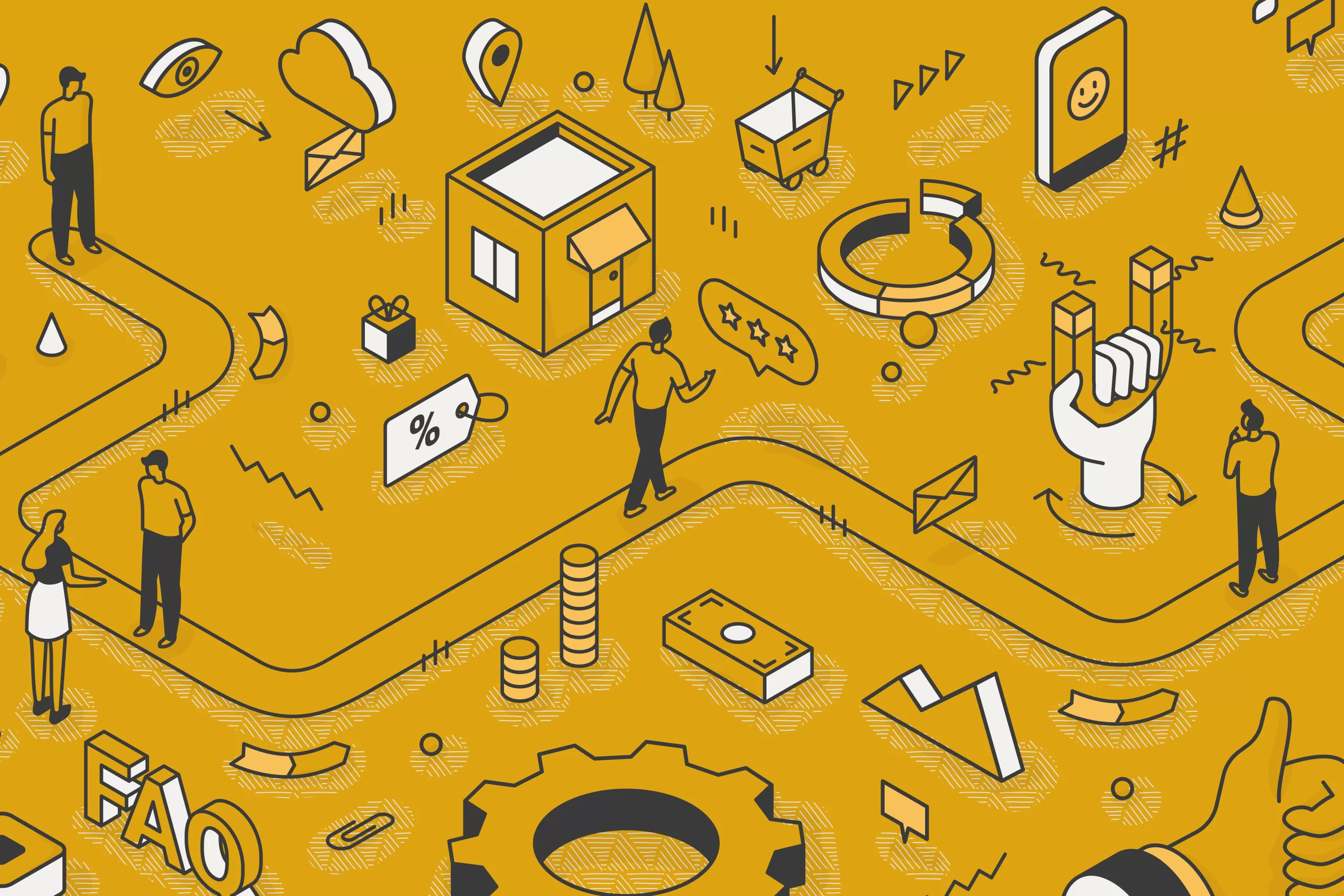 a yellow vector graphic illustrating the user experience on a website that works to attract, engage, and convert people into clients for small businesses