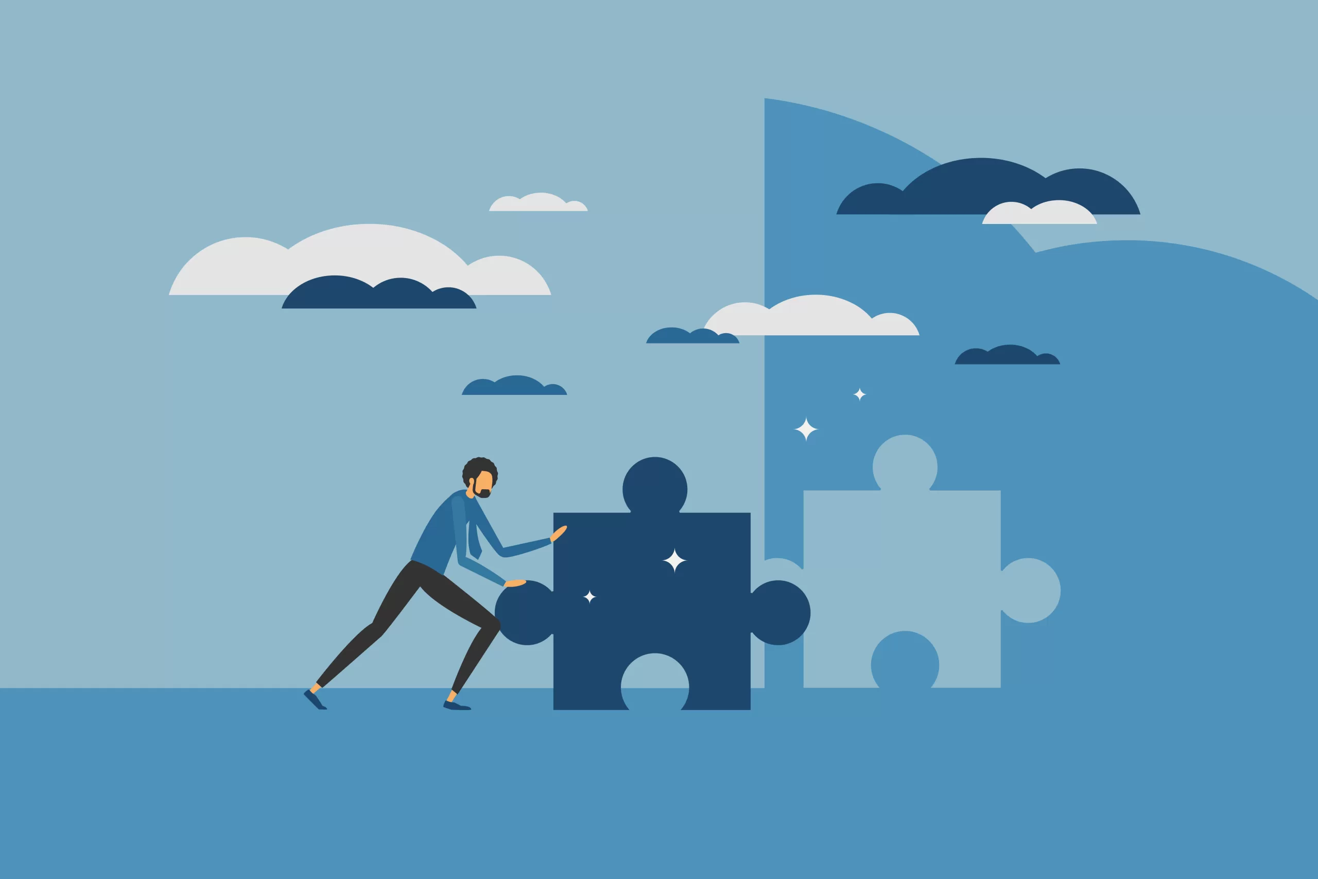 A person pushing a puzzle piece into place to complete a puzzle that forms a bridge across a gap, featured on a blog about brand refresh.