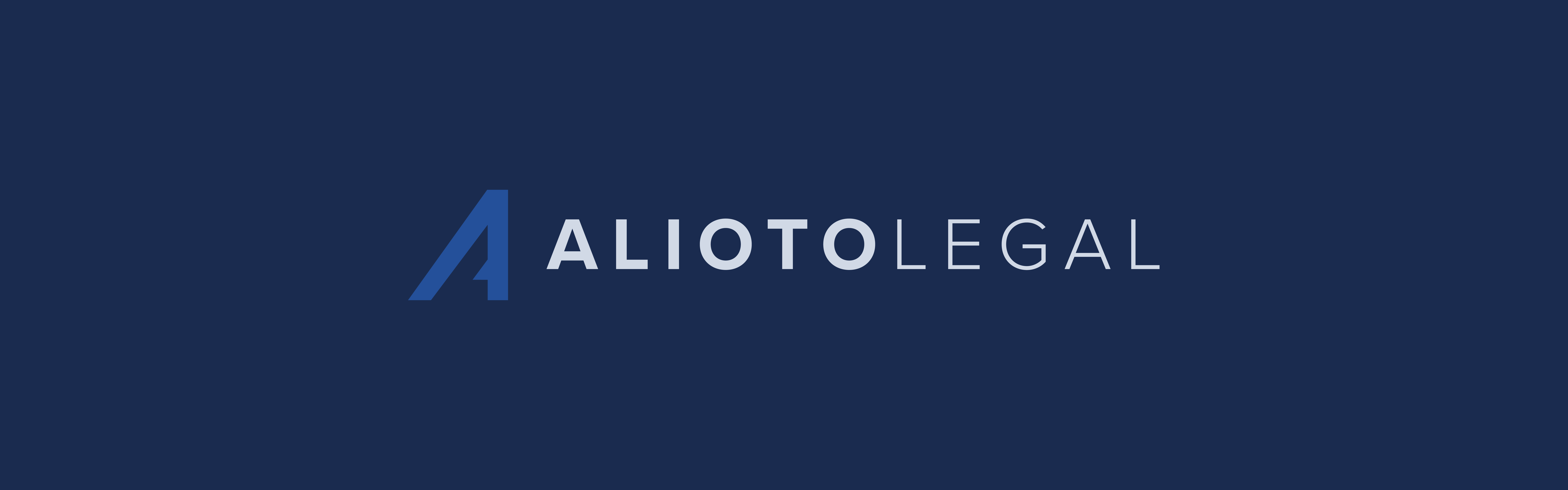 The image displays a dark blue background with the text "ALIOTO LEGAL" in capital letters, accompanied by a stylized letter 'A' that resembles an upward arrow to the left of it
