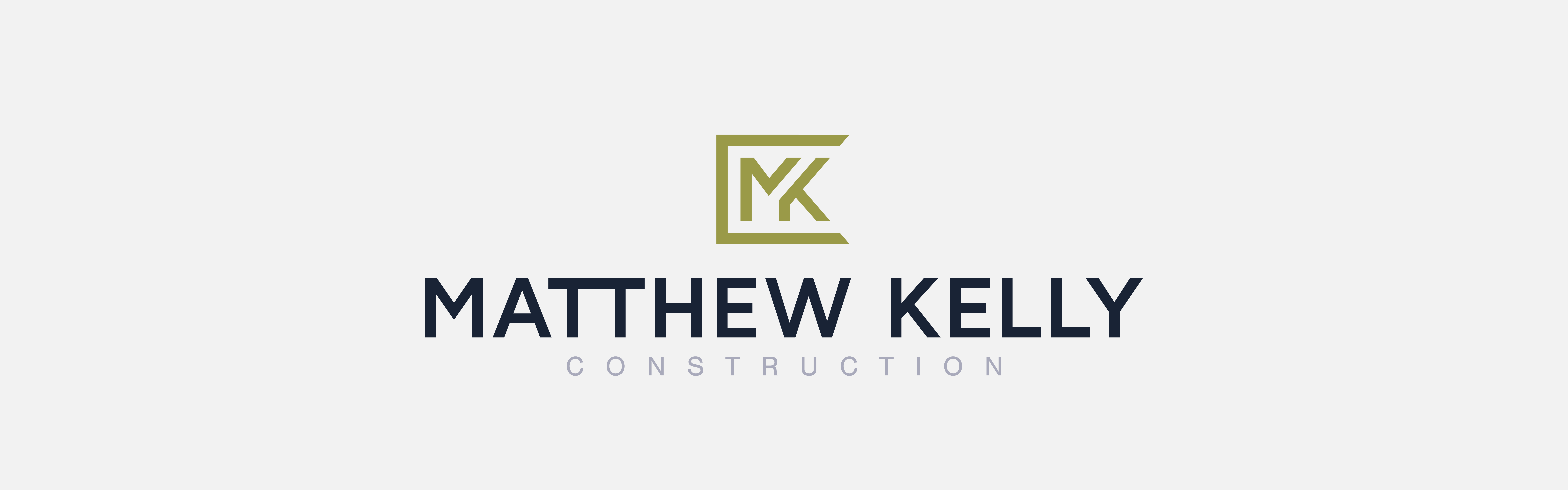 A logo design for "Matthew Kelly Construction" featuring a stylized letter "K" integrated into a geometric shape to the left of the company name.