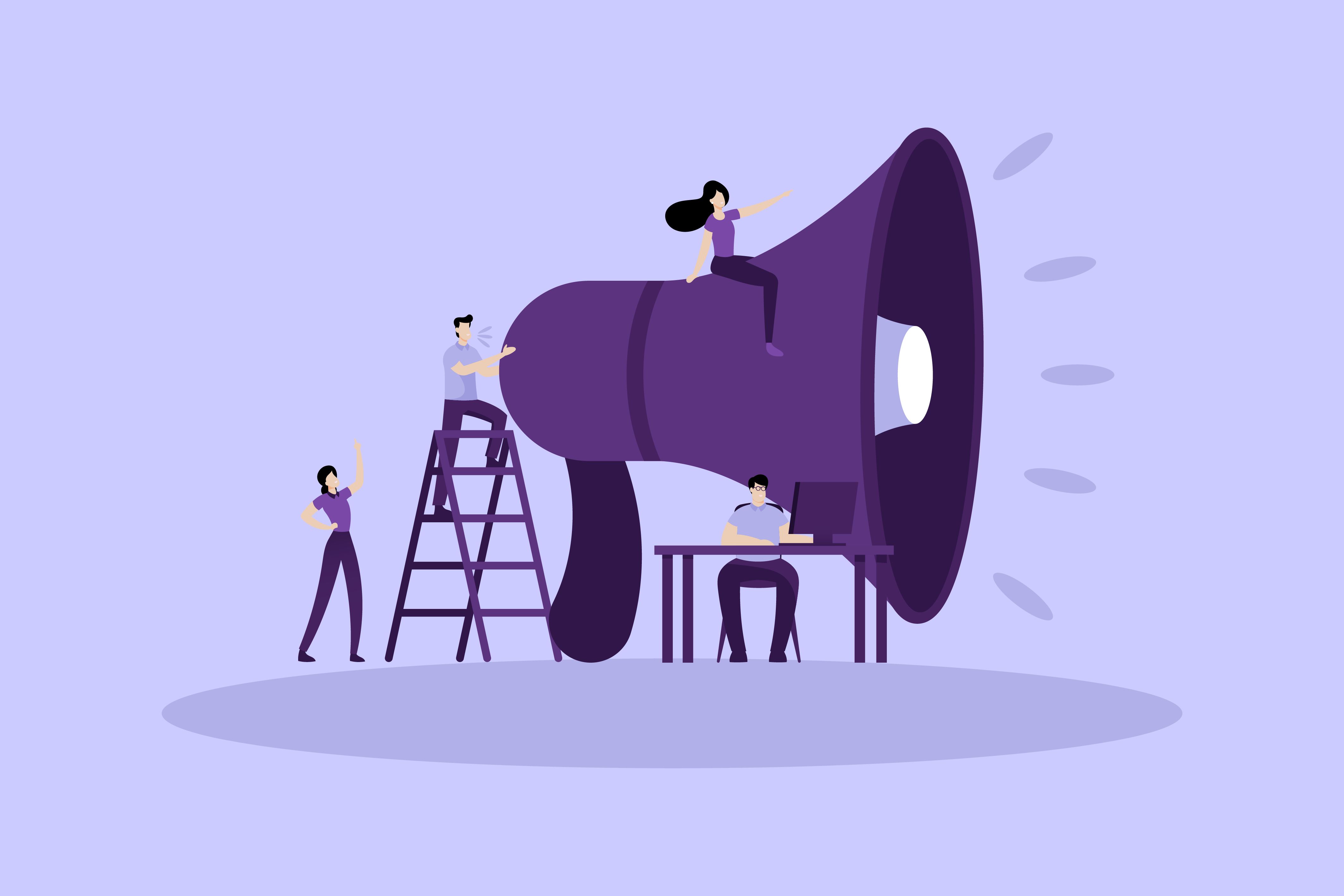 A team of people engaging with a large megaphone in various ways, suggesting teamwork and communication themes on a purple background for a blog post.