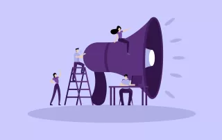 A team of people surrounding a large megaphone demonstrating teamwork, communication, website announcement, business promotion, and enthusiasm on a purple background.