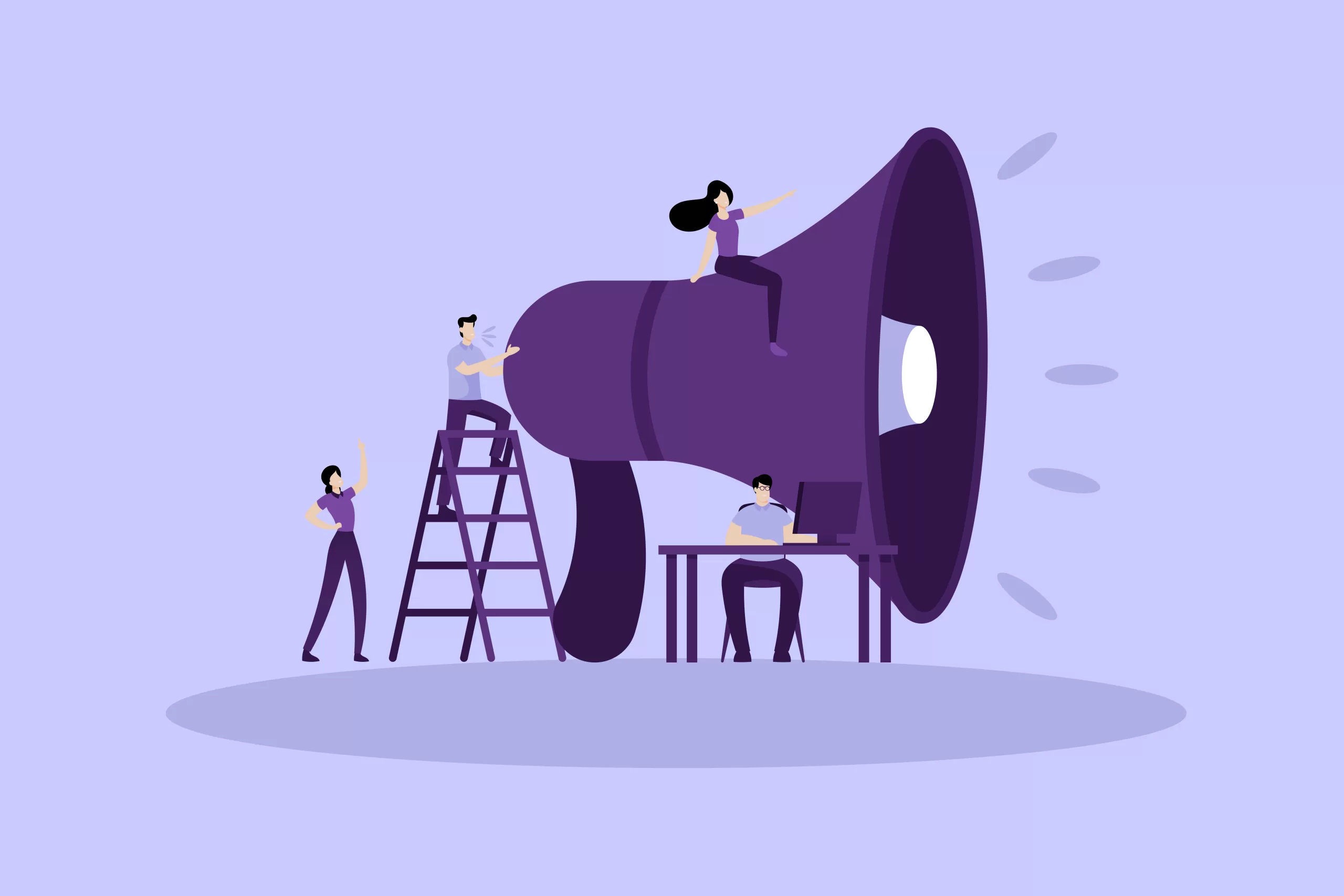 A team of people surrounding a large megaphone demonstrating teamwork, communication, website announcement, business promotion, and enthusiasm on a purple background.