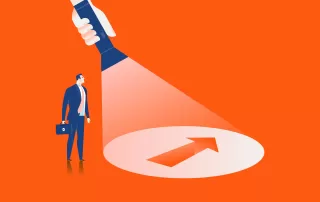 a vector illustration on a bright orange background of a businessman holding a briefcase thinking about how to launch his new brand as he looks at an illuminated arrow from a hand holding a blue flashlight