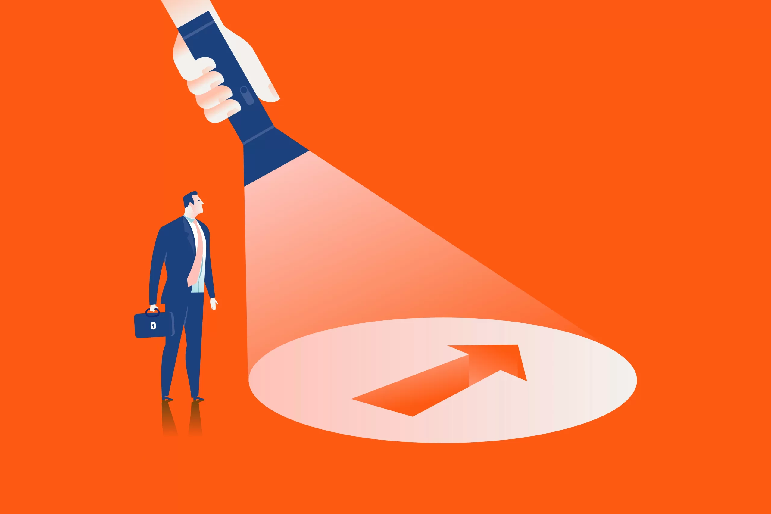a vector illustration on a bright orange background of a businessman holding a briefcase thinking about how to launch his new brand as he looks at an illuminated arrow from a hand holding a blue flashlight
