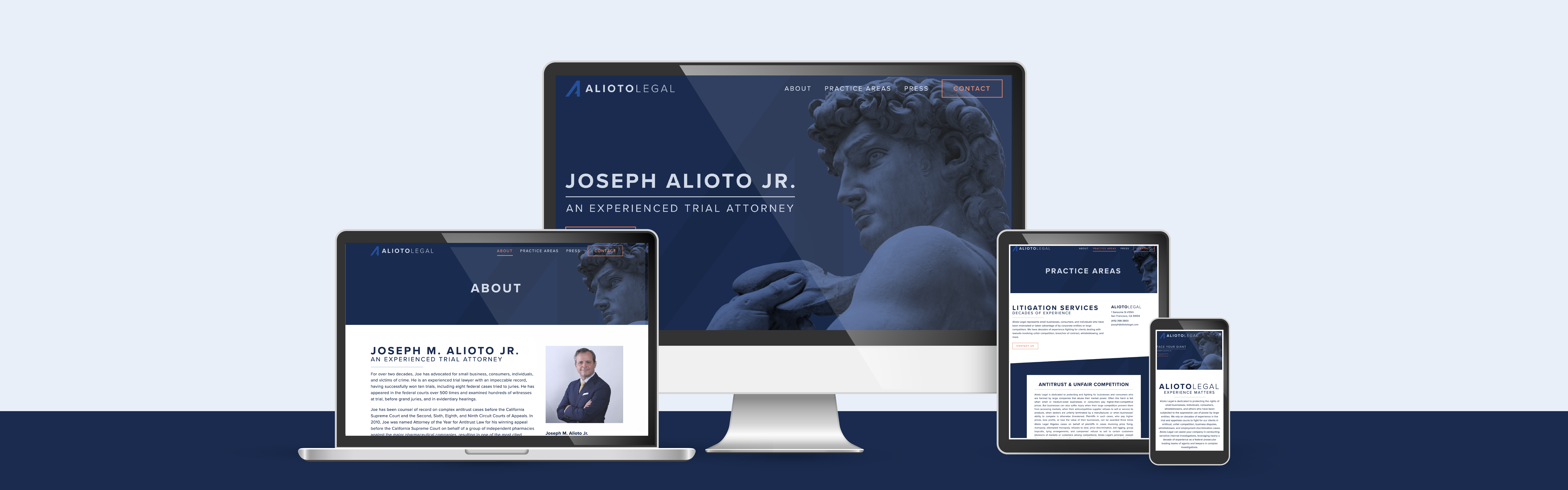 Responsive website design displayed across a desktop monitor, a tablet, and a smartphone, showcasing Alioto Legal's online presence with a focus on an attorney named Joseph Alioto Jr.