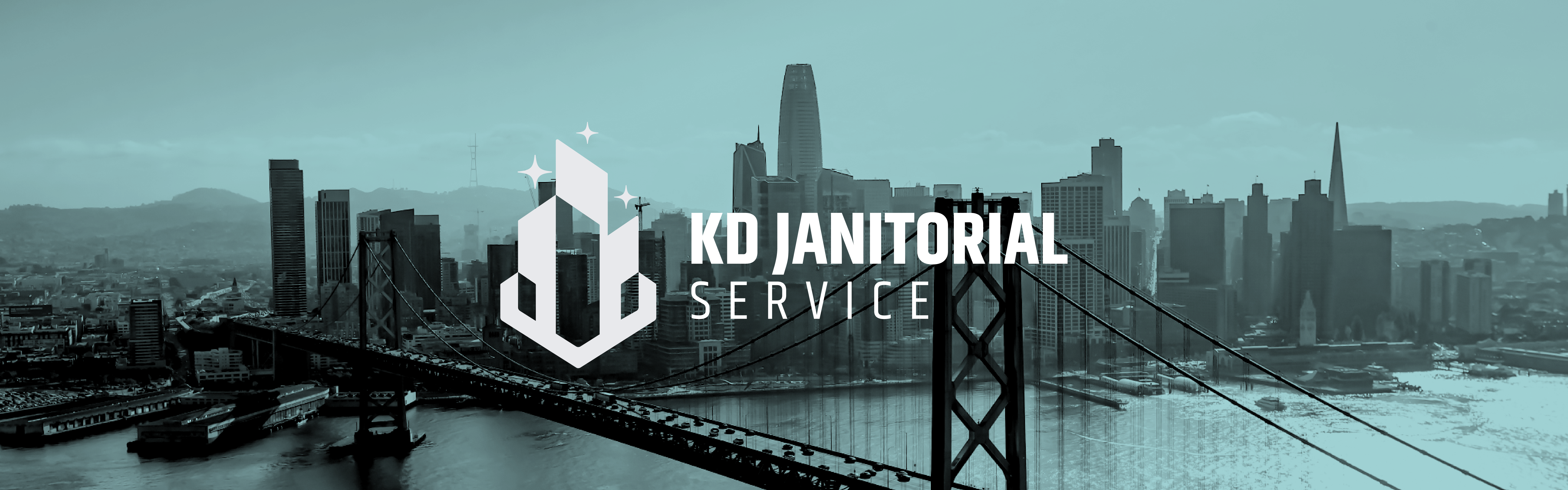 Logo of KD Janitorial Service superimposed on a monochromatic cityscape with a bridge.