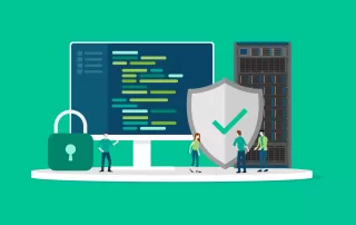 A vector illustration depicting a group of cartoon characters standing next to oversized website security symbols, including a computer monitor, a padlock, and a shield with a checkmark, symbolizing digital security and data to keep a website secure