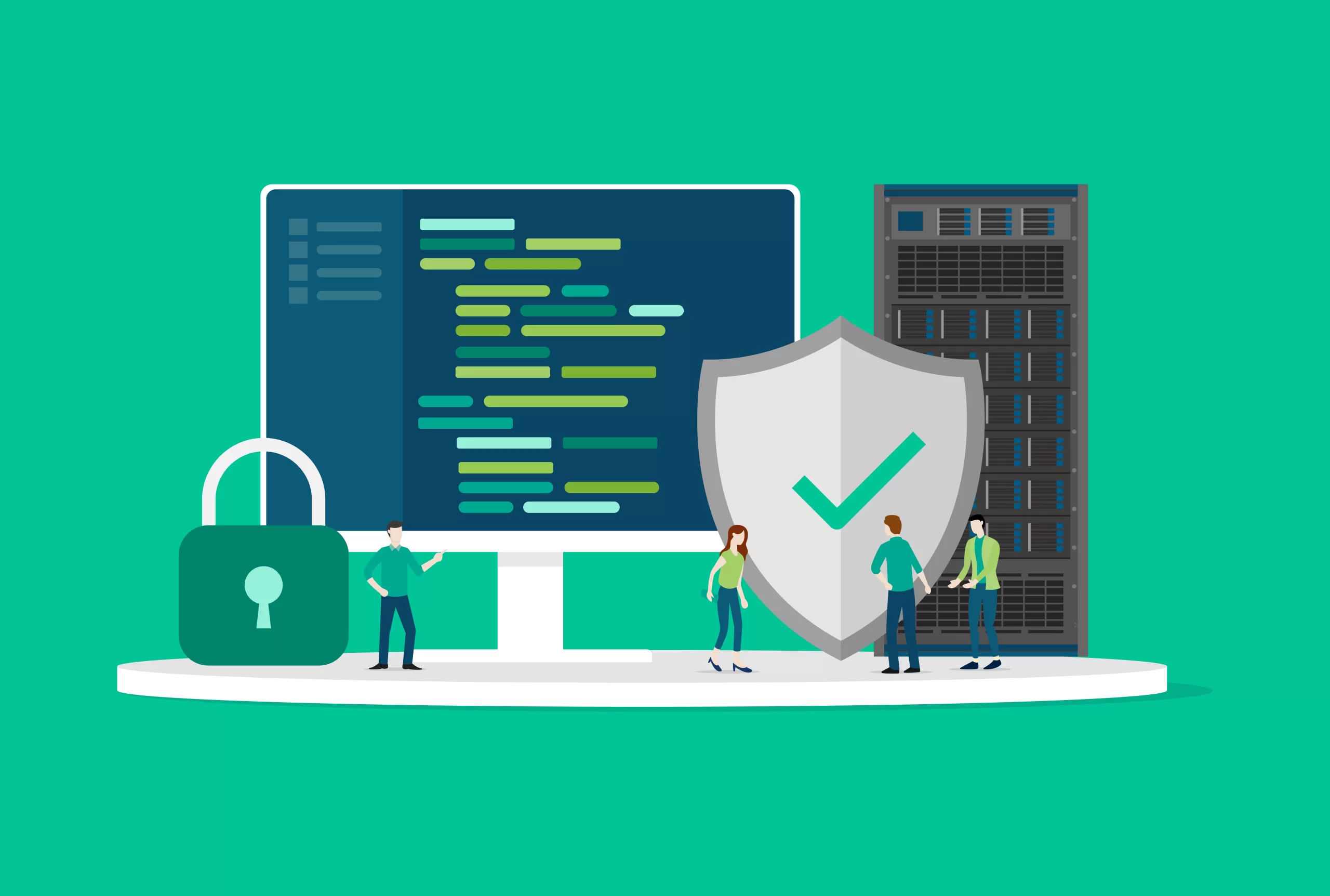 A vector illustration depicting a group of cartoon characters standing next to oversized website security symbols, including a computer monitor, a padlock, and a shield with a checkmark, symbolizing digital security and data to keep a website secure