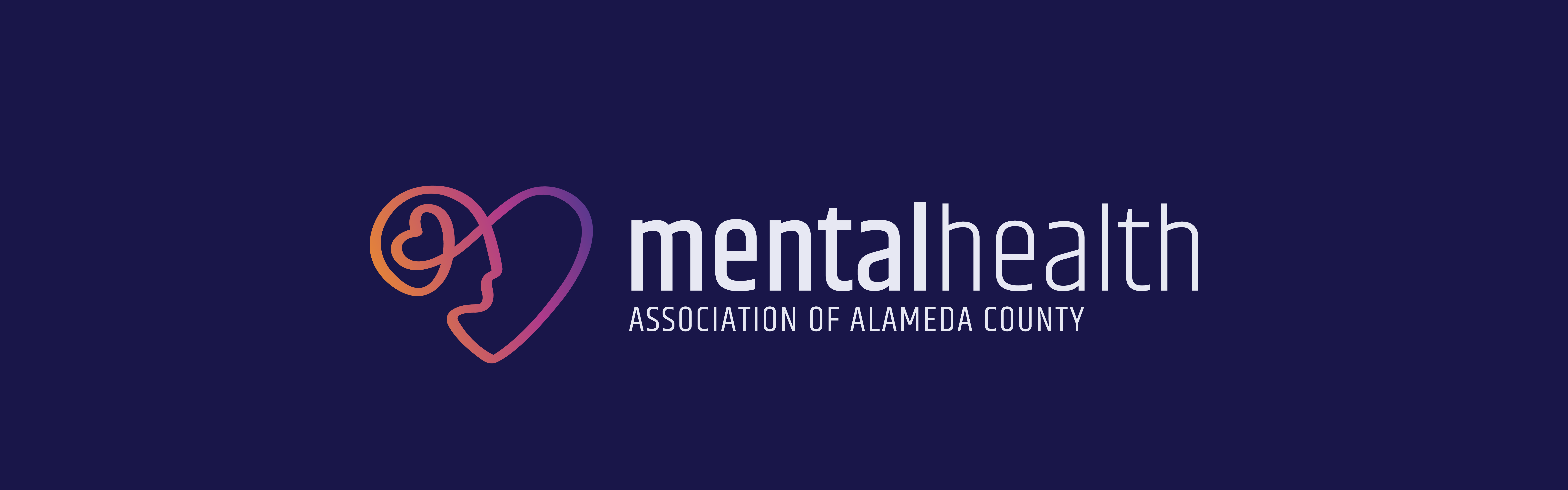 The image displays the logo of the Mental Health Association of Alameda County, featuring a heart and brain intertwined, next to the organization's name on a dark blue background.