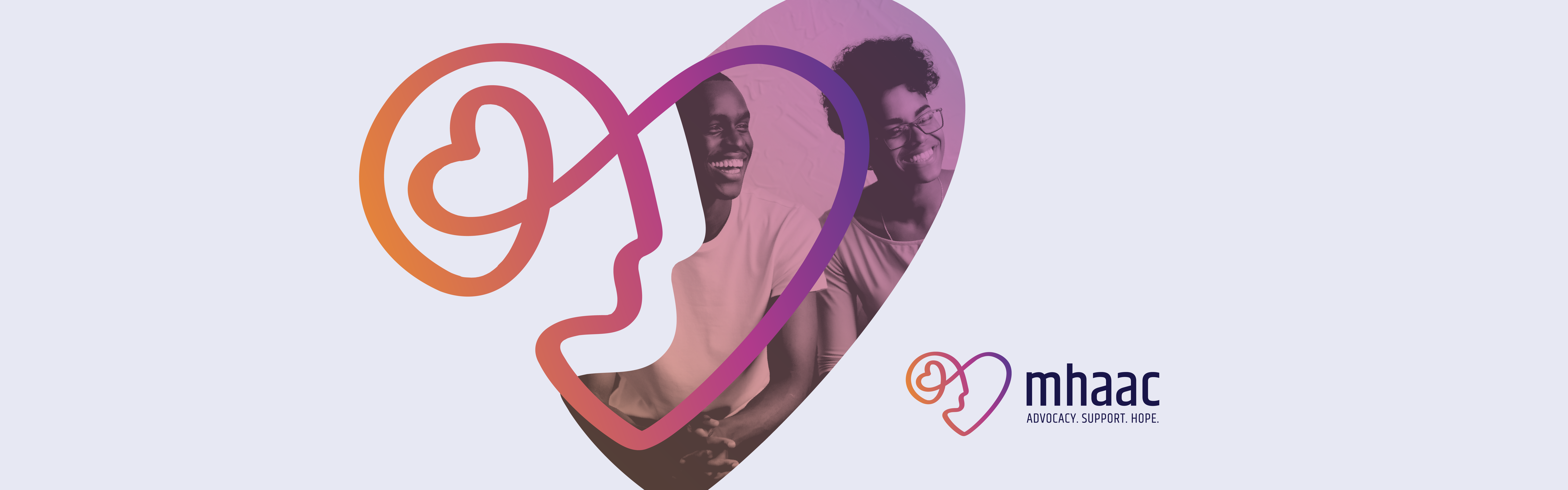 The image displays a graphic for the Mental Health Association with a purple and orange color theme, featuring two smiling individuals within an abstract heart-shaped outline, which is intertwined with an ear-like shape, suggesting a