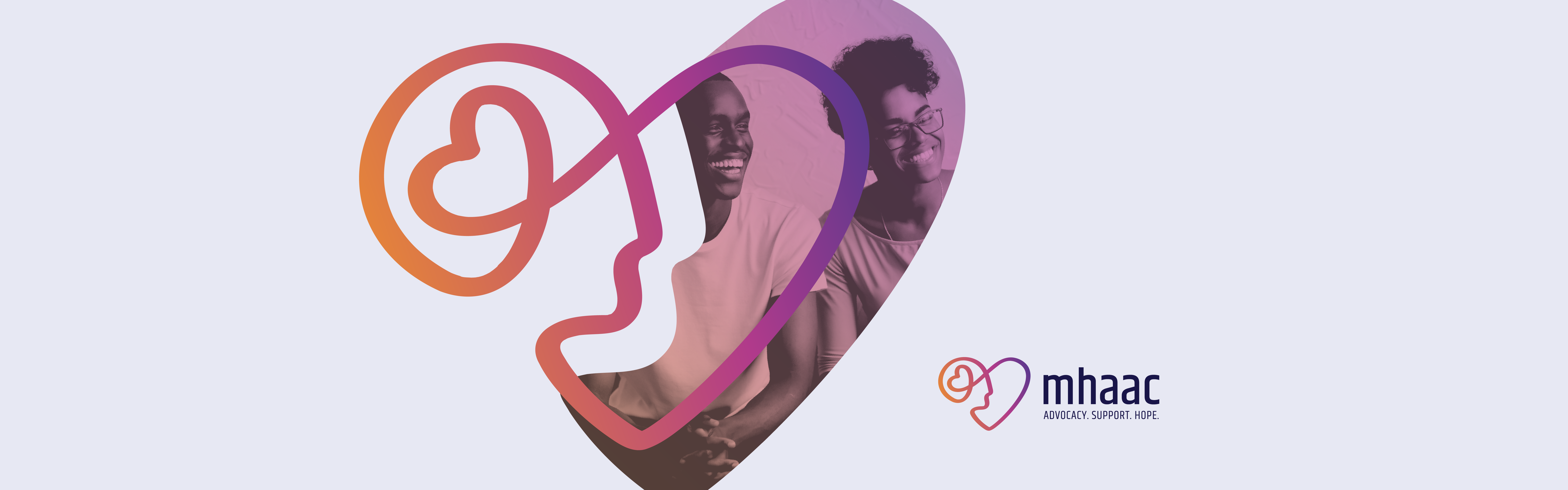 Two smiling individuals are featured within an abstract heart-shaped design, with a logo and the acronym 'mhaac' at the bottom right corner.
