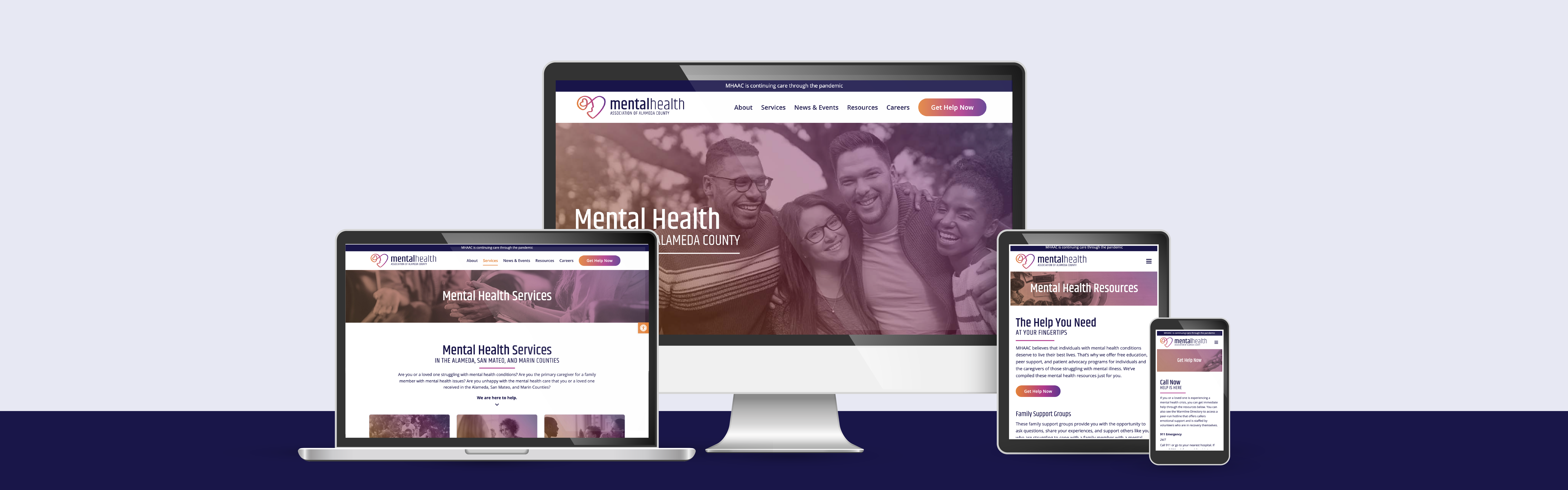 A set of electronic devices displaying the same Mental Health Association website with a main banner featuring a smiling group of three people.