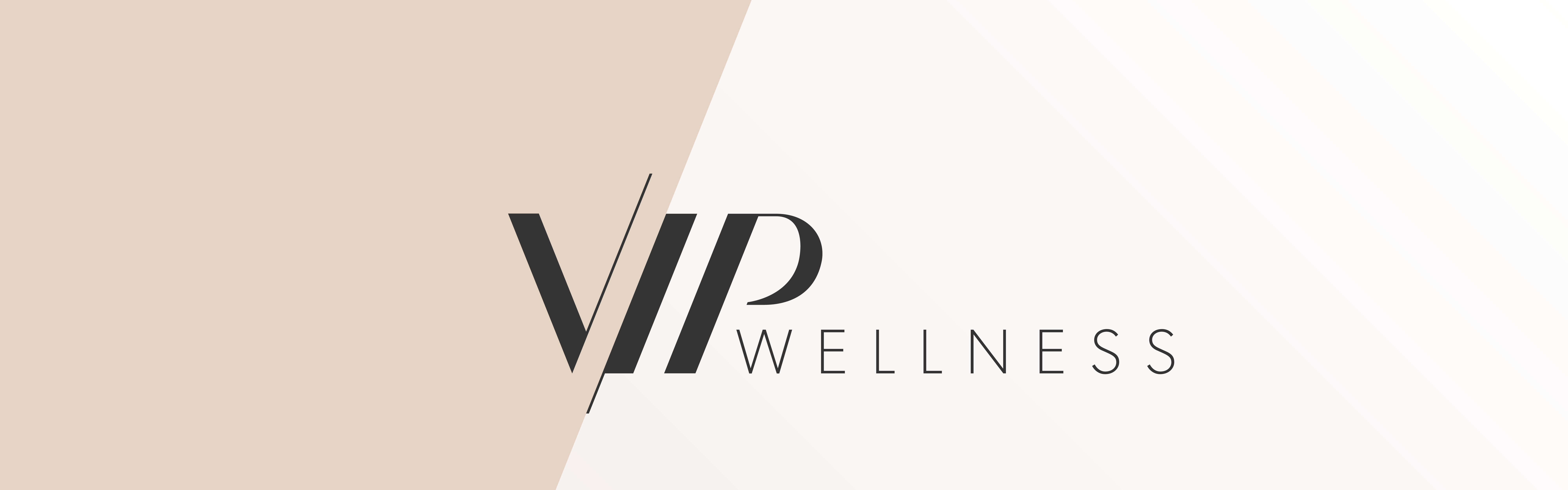 Logo design for "VIP Wellness" featuring bold, stylized letters with a contrasting color background divided by a diagonal line.