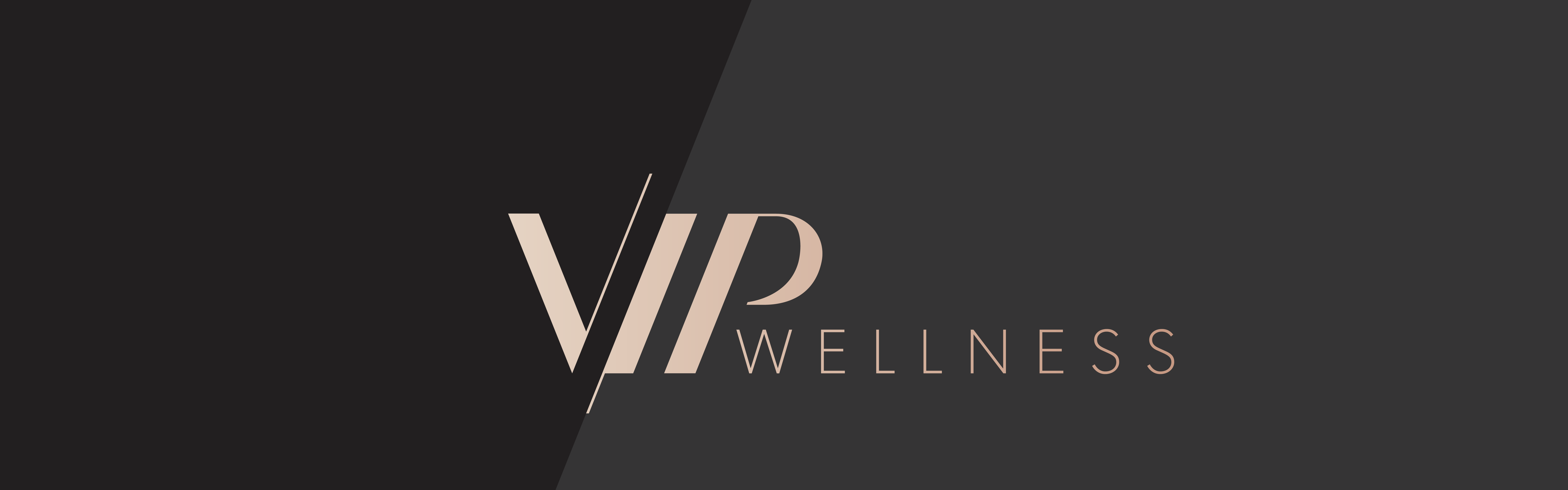 A sleek, modern logo for "VIP Wellness" set against a dual-tone black and dark grey background.
