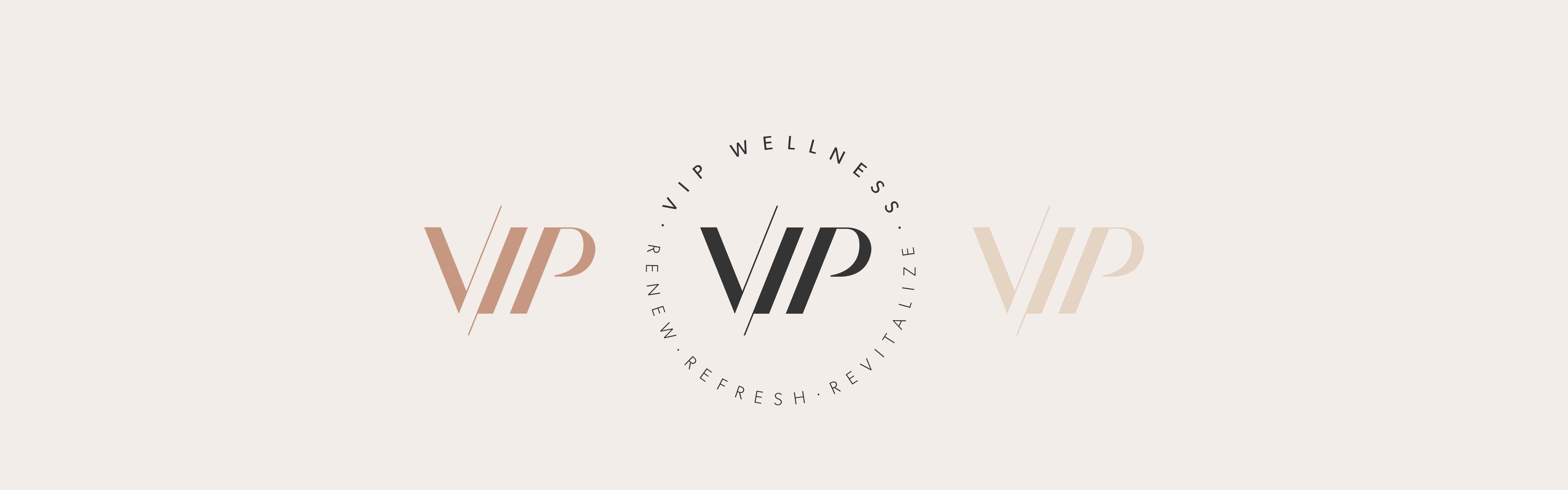 Logo design for "VIP Wellness" featuring the letters 'vip' in a circular formation with the words "refresh," "revitalize," and "renew" interspersed between the repetitions of '