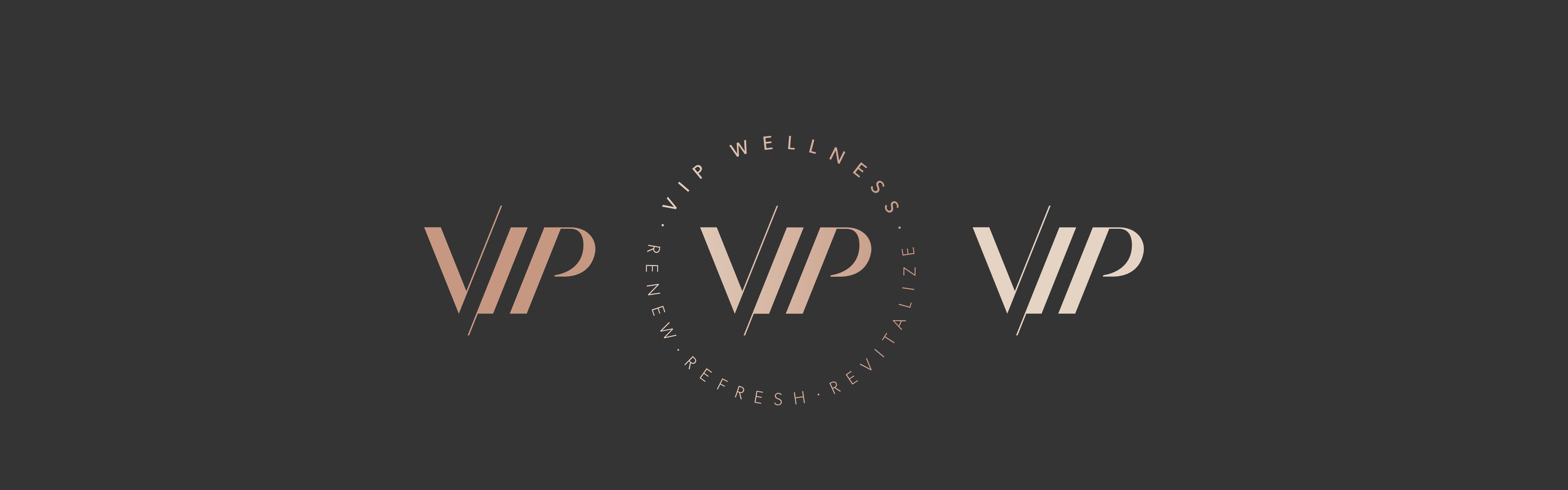Graphic design featuring the acronym 'VIP Wellness' in a circular arrangement with the words 'refresh,' and 'revitalize' interspersed, set against a dark background.
