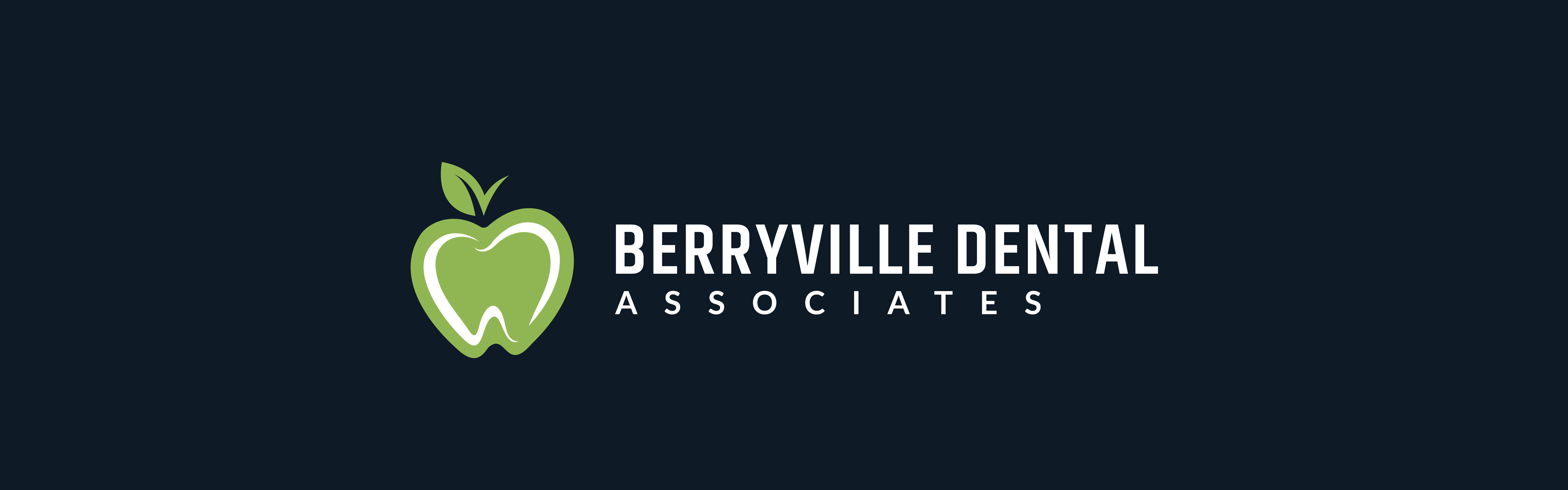 Logo of Berryville Dental Associates, featuring a stylized green apple with a leaf, integrated into a tooth design, set against a dark background with the name of the practice in white and green lettering