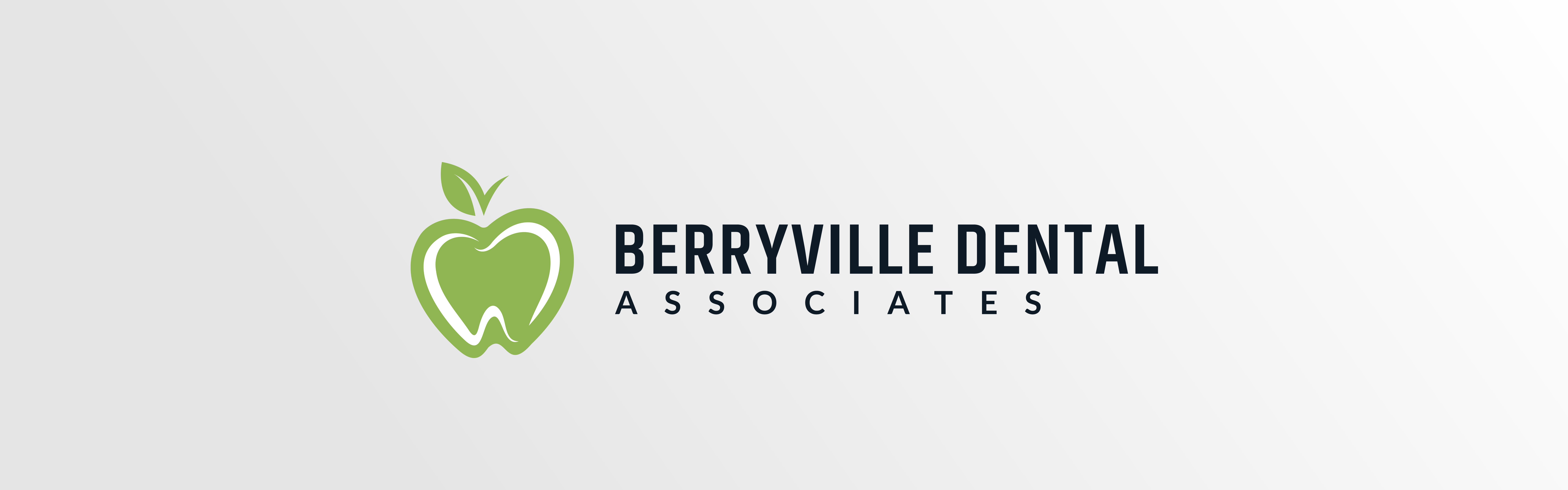 Logo of Berryville Dental Associates featuring a stylized apple with a leaf that subtly incorporates a dental tool, accompanied by the practice name in a sleek, modern font.