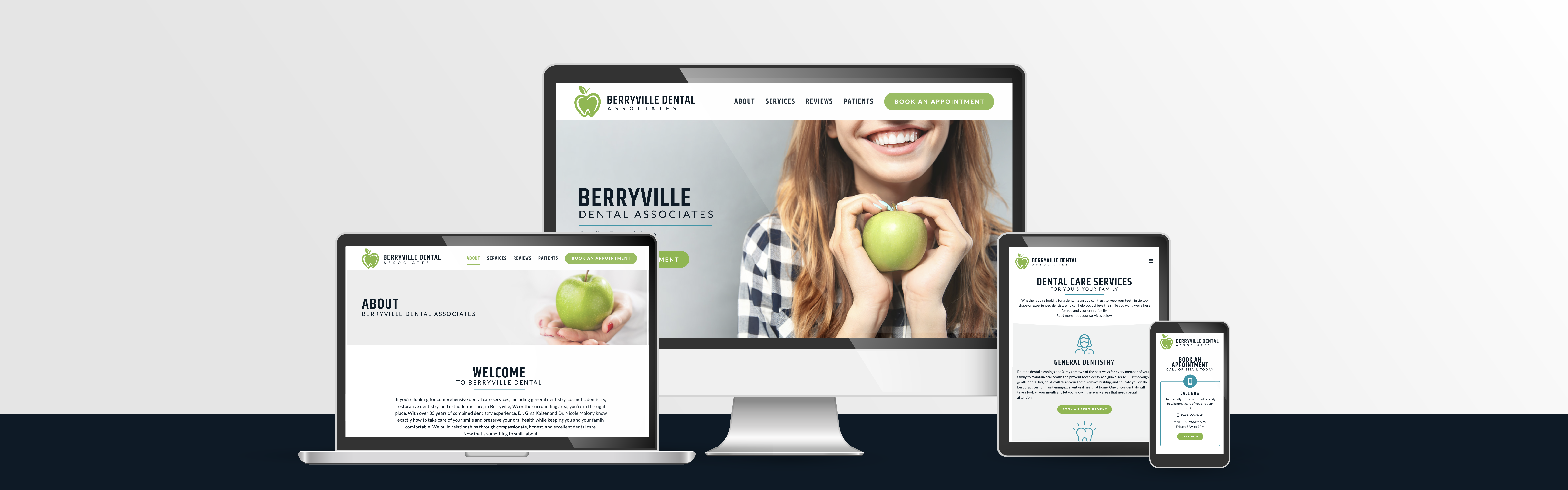 A responsive website design for Berryville Dental Associates displayed across multiple devices, including a desktop computer, a laptop, a tablet, and a smartphone.