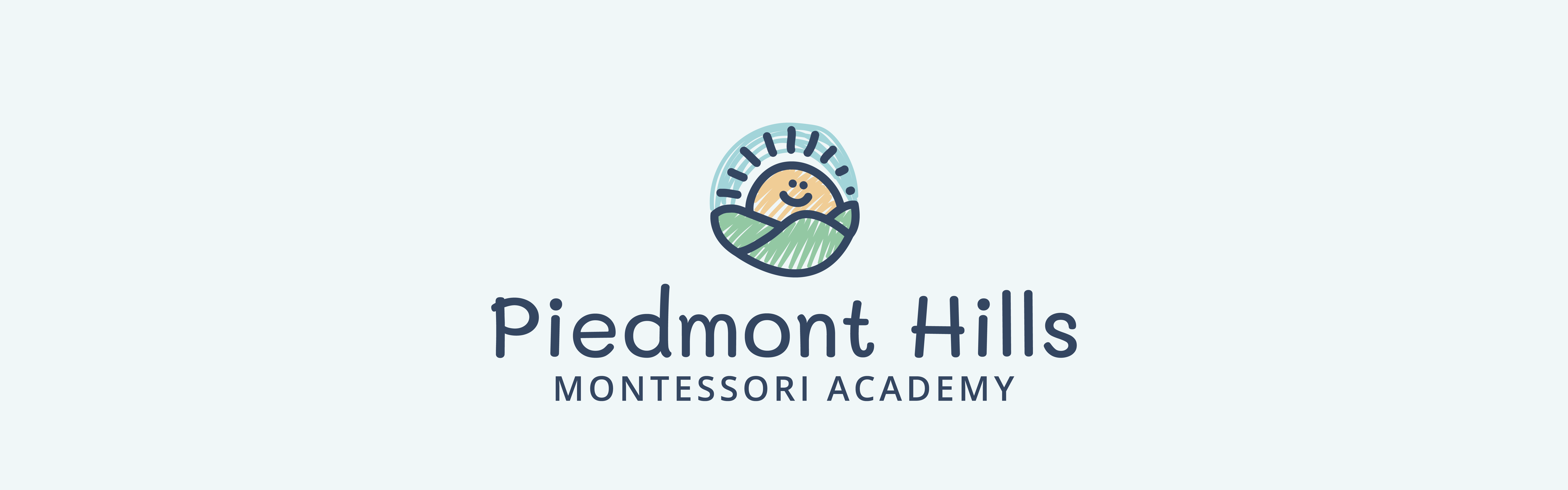 Logo of Piedmont Hills Montessori Academy featuring a stylized illustration of a smiling child wrapped in a blanket with sun rays behind, presented in a soft color palette.