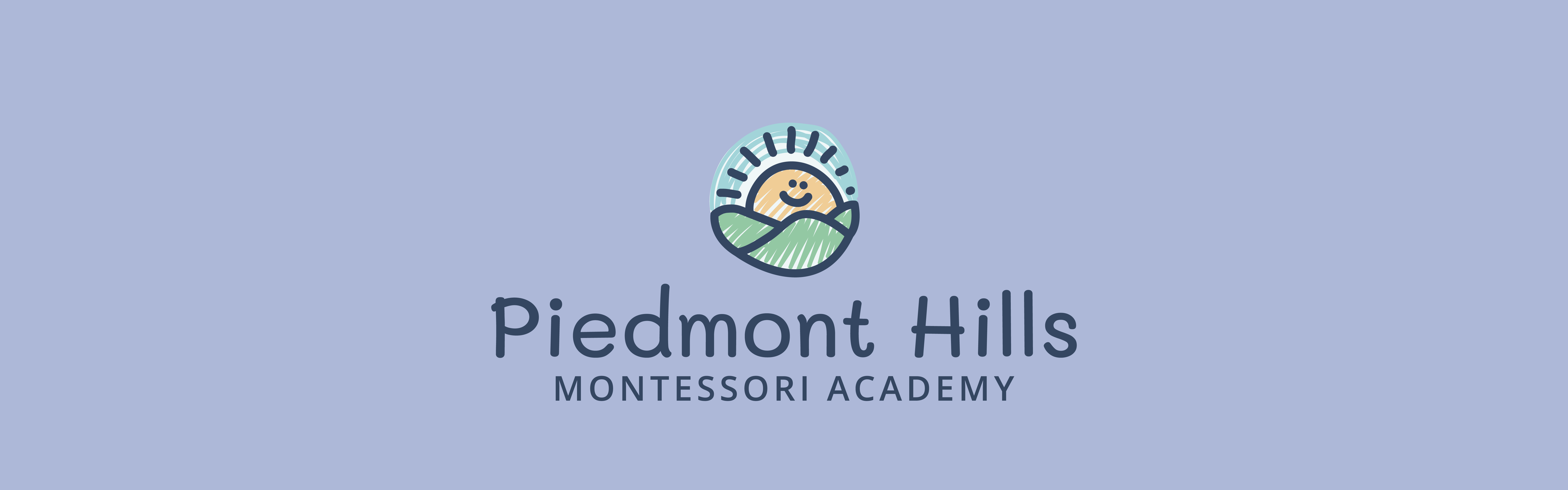 Logo of Piedmont Hills Montessori Academy featuring an illustration of a smiling child wrapped in a green blanket with a blue and green circular backdrop.