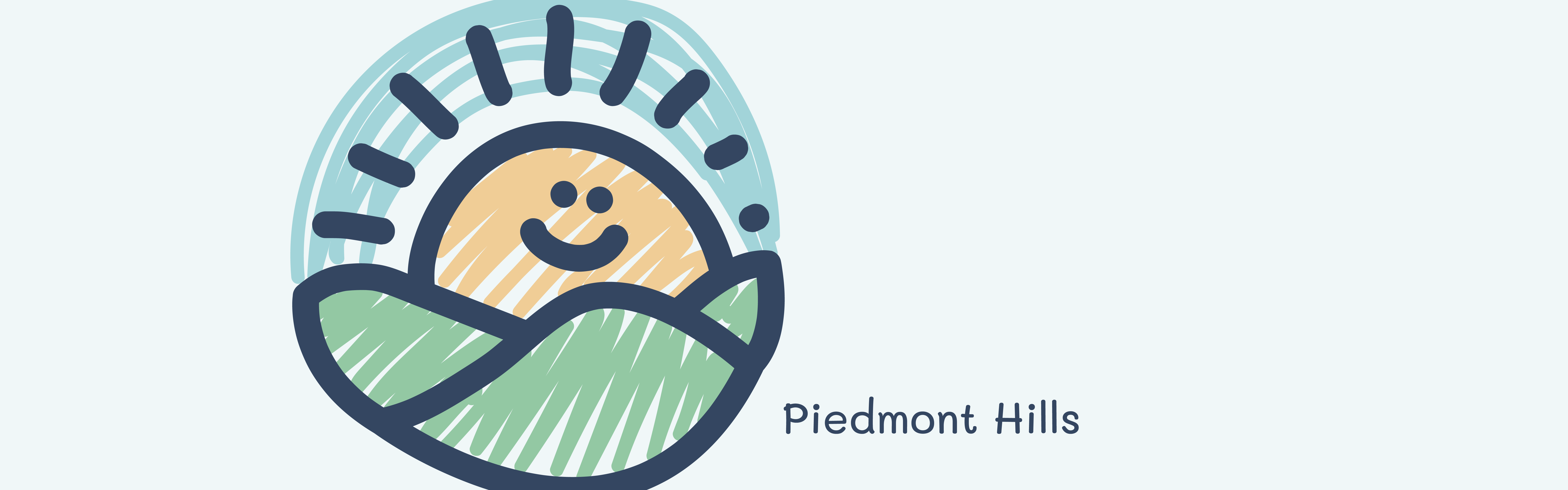 A stylized graphic logo depicting a smiling figure nestled within green hills, symbolized by wavy lines, enclosed by a circular frame with radiating lines, and the text "piedmont hills.