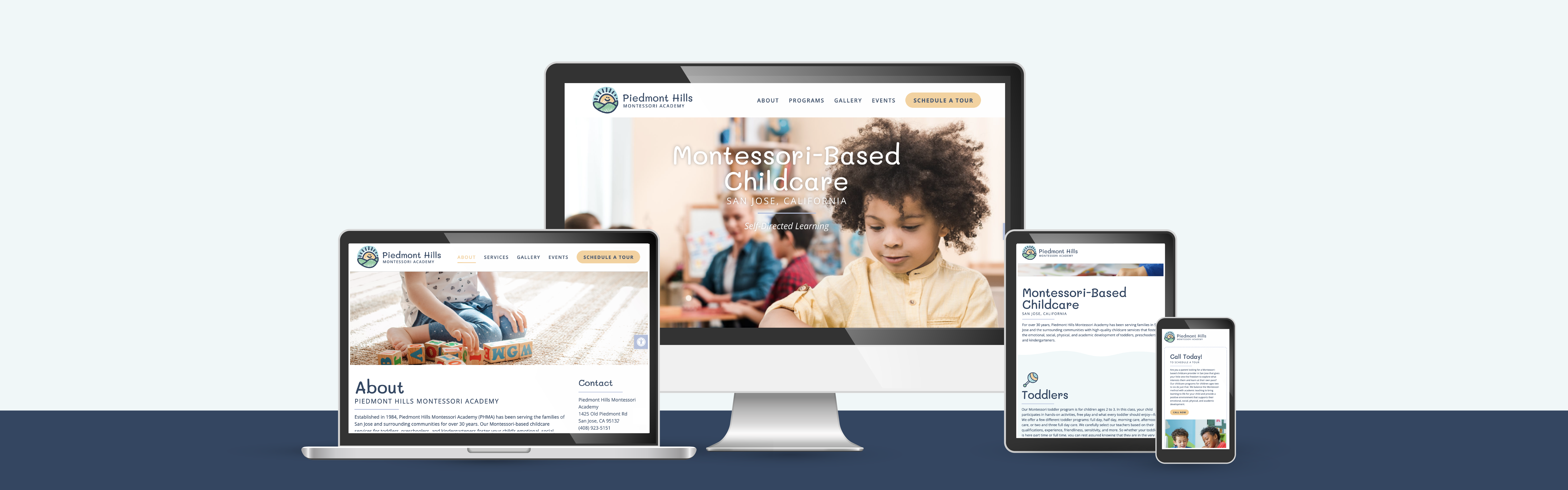 A collection of electronic devices including a desktop computer, a tablet, and a smartphone, all displaying the Piedmont Hills Montessori Academy website with images of children engaged in learning activities.