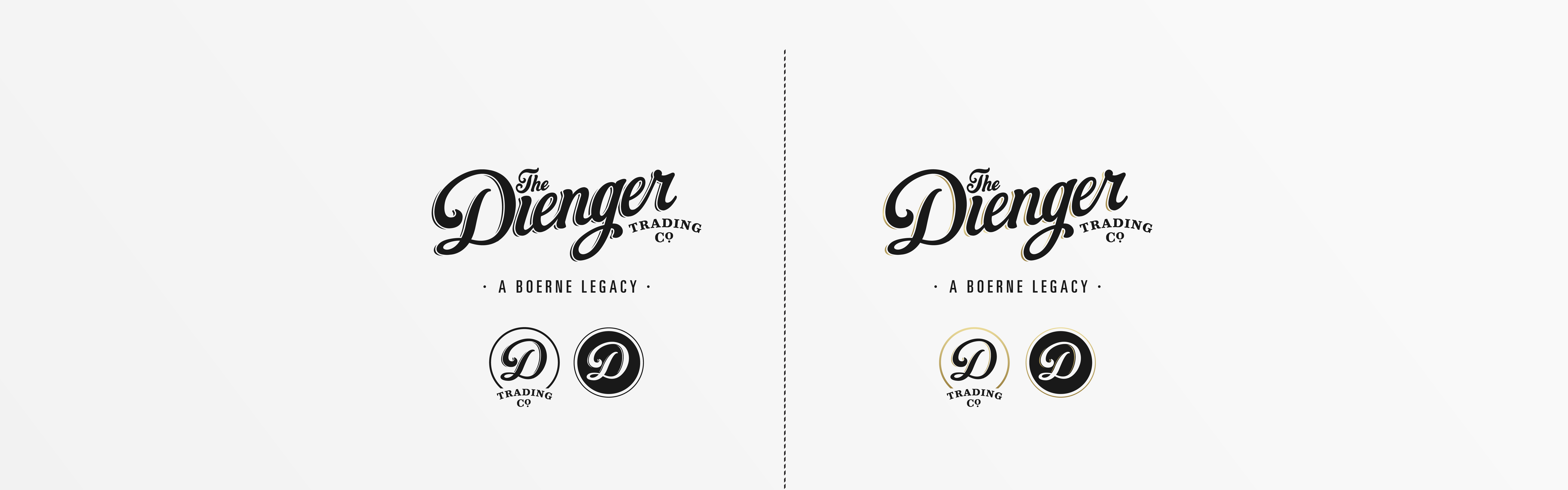 A black and white image showcasing two variations of a logo design concept for "The Dienger Trading Co.," featuring stylized text and monogram elements, with both versions accompanied by the tagline 