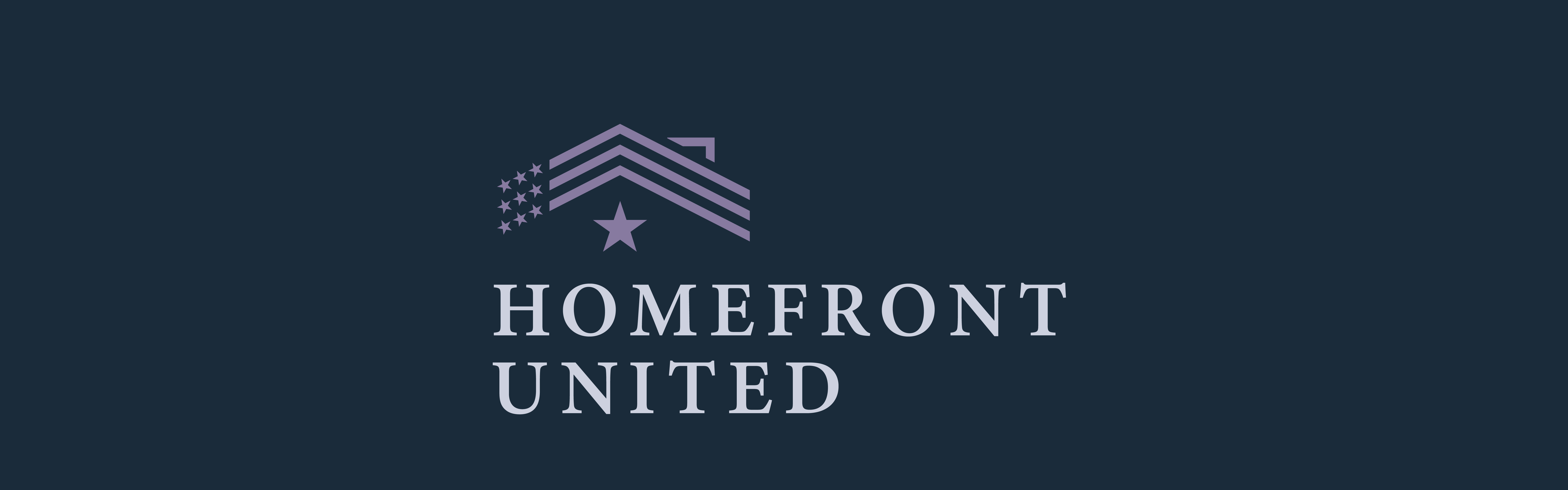 The image showcases a logo featuring the text "Homefront United" centrally located beneath a stylized illustration blending aspects of a house roofline with an American flag motif.