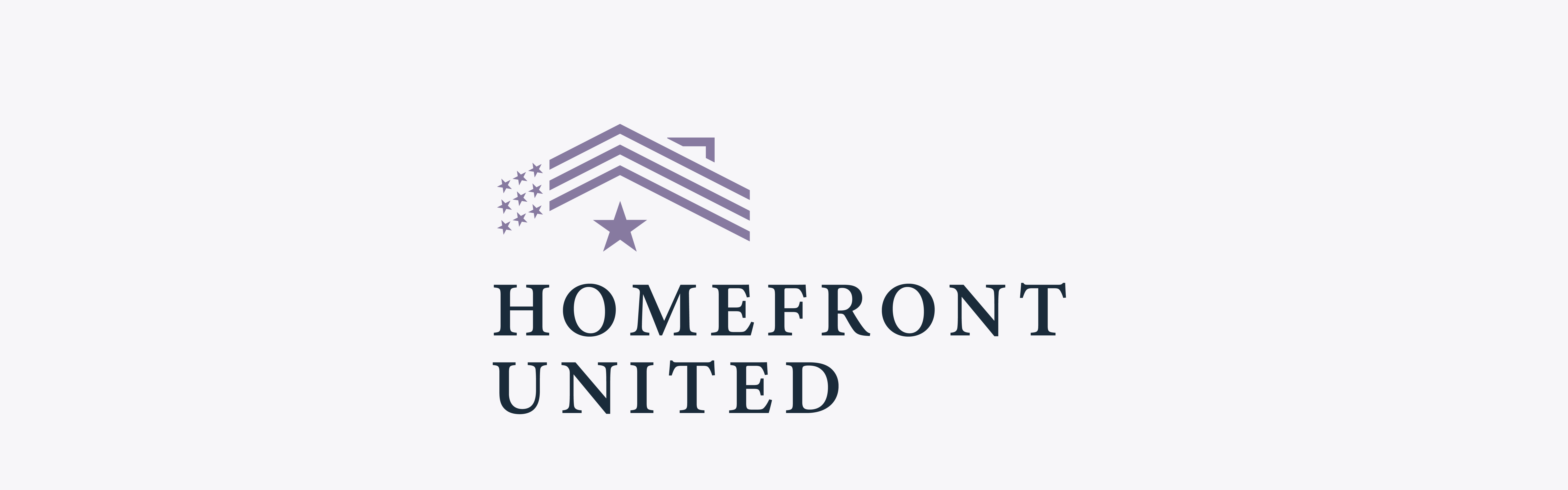 Logo of Homefront United featuring a stylized house with an American flag motif above the words 'Homefront United'.