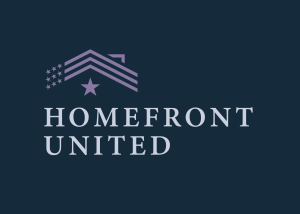 A logo consisting of a stylized rooftop with stars above and the text "Homefront United" below, all against a dark blue background.