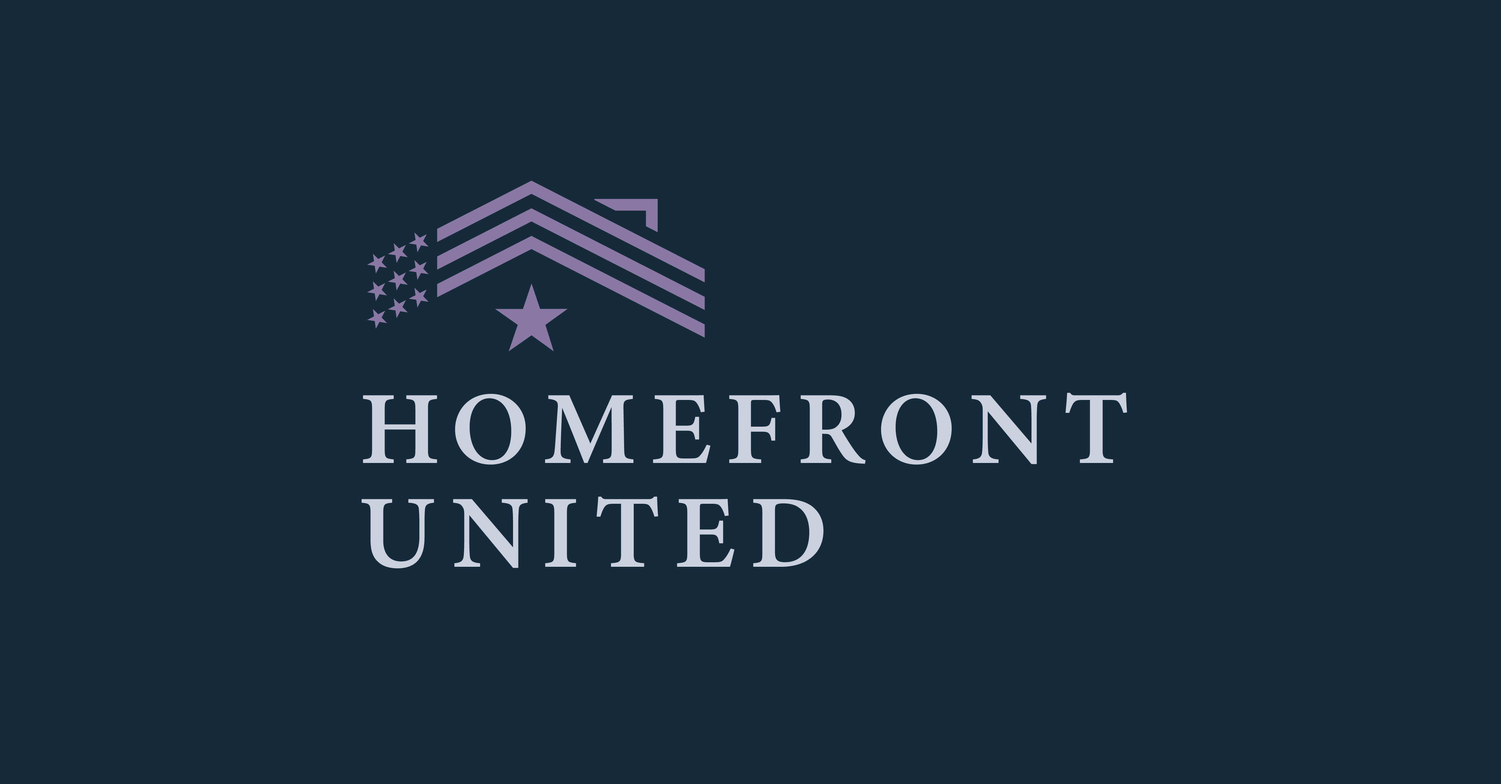 A logo consisting of a stylized rooftop with stars above and the text "Homefront United" below, all against a dark blue background.