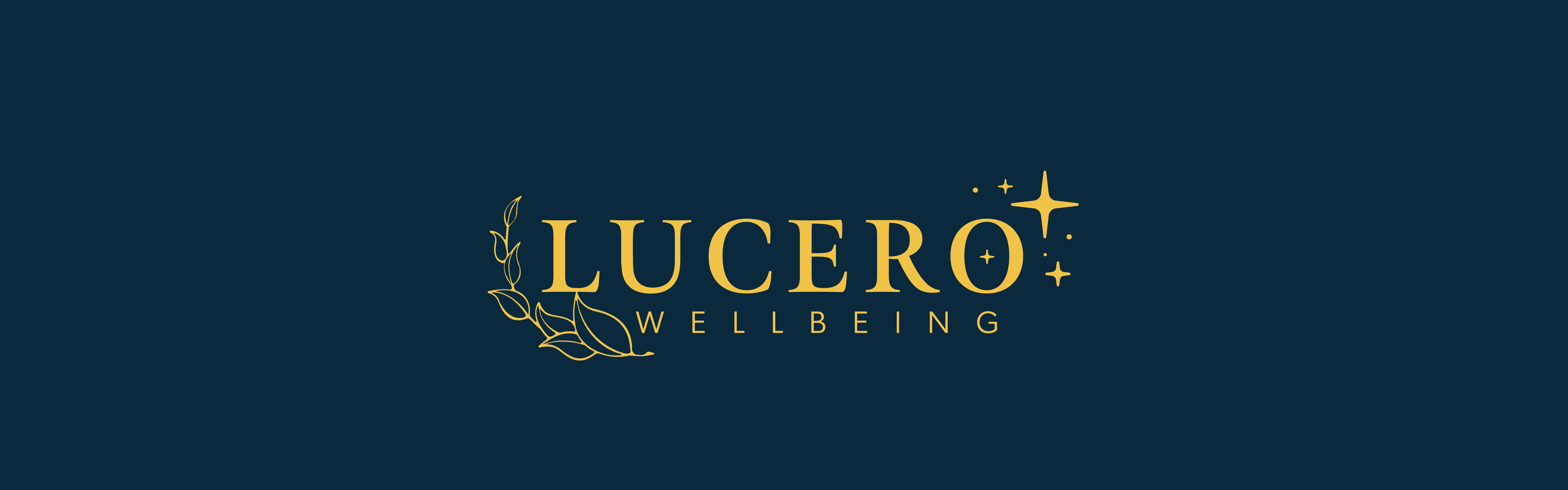 This image features the logo for "Lucero Wellbeing" set against a dark blue background. The text is in a serif font, primarily in a gold color, with a decorative leaf element on the