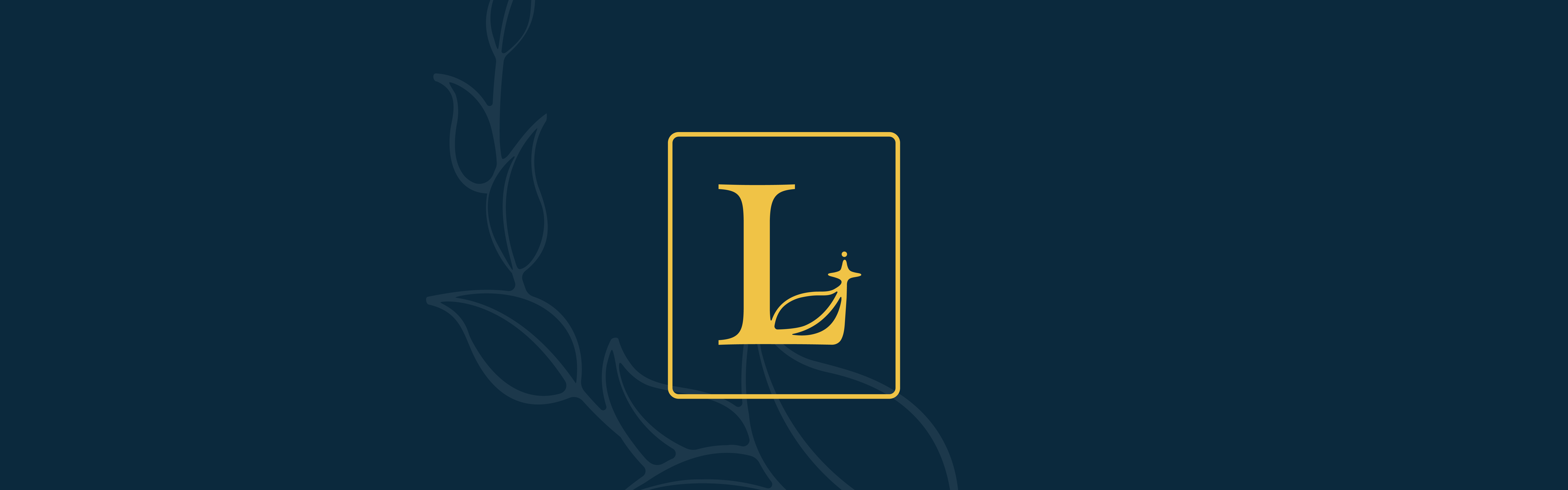 Blue background with a stylized golden letter "L" in the center of a vertical rectangle, surrounded by faint plant-like illustrations for Lucero Wellbeing.