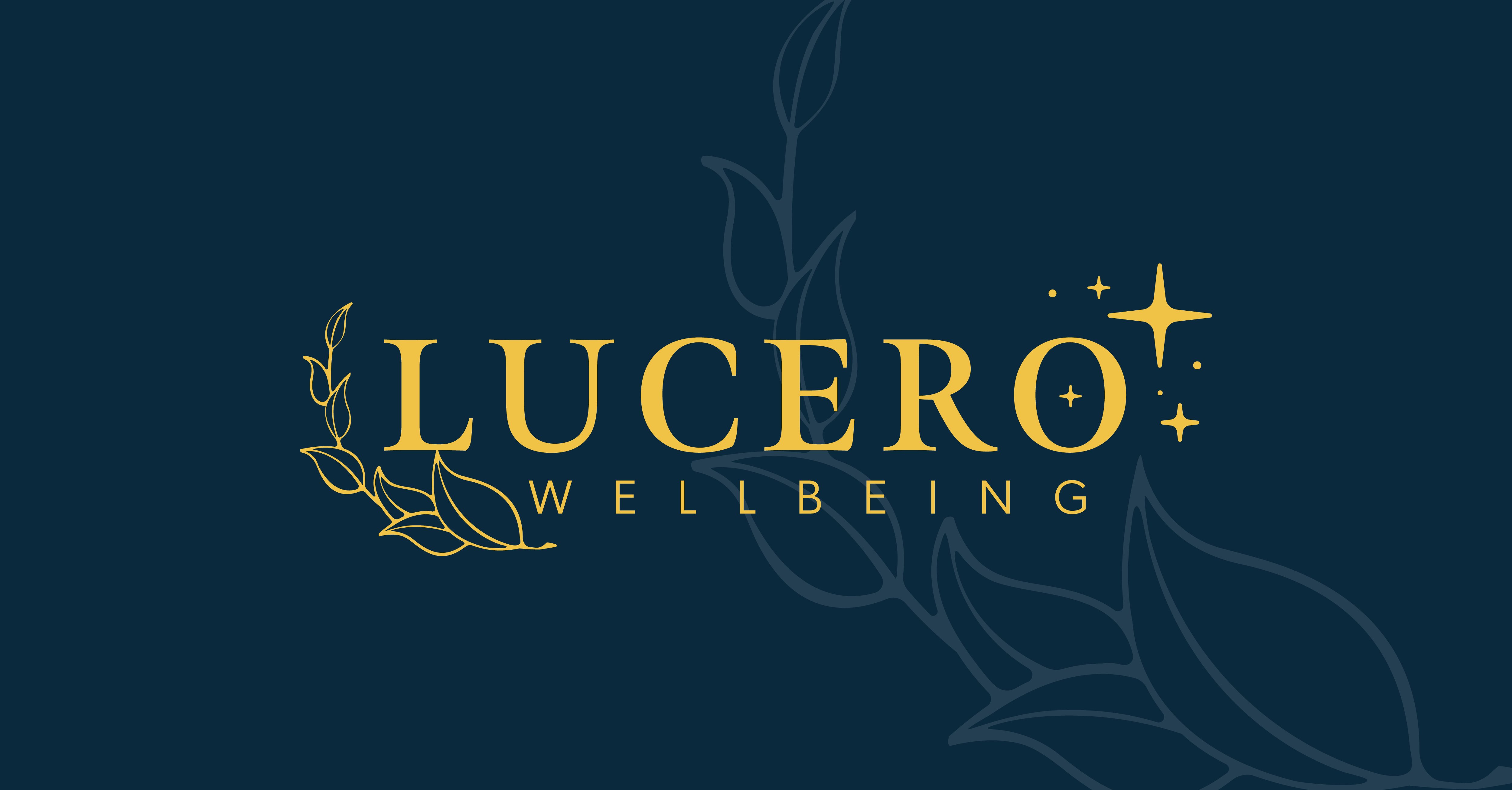 Logo of "Lucero Wellbeing" featuring stylized text with decorative leaf motifs and star-like accents on a dark blue background.