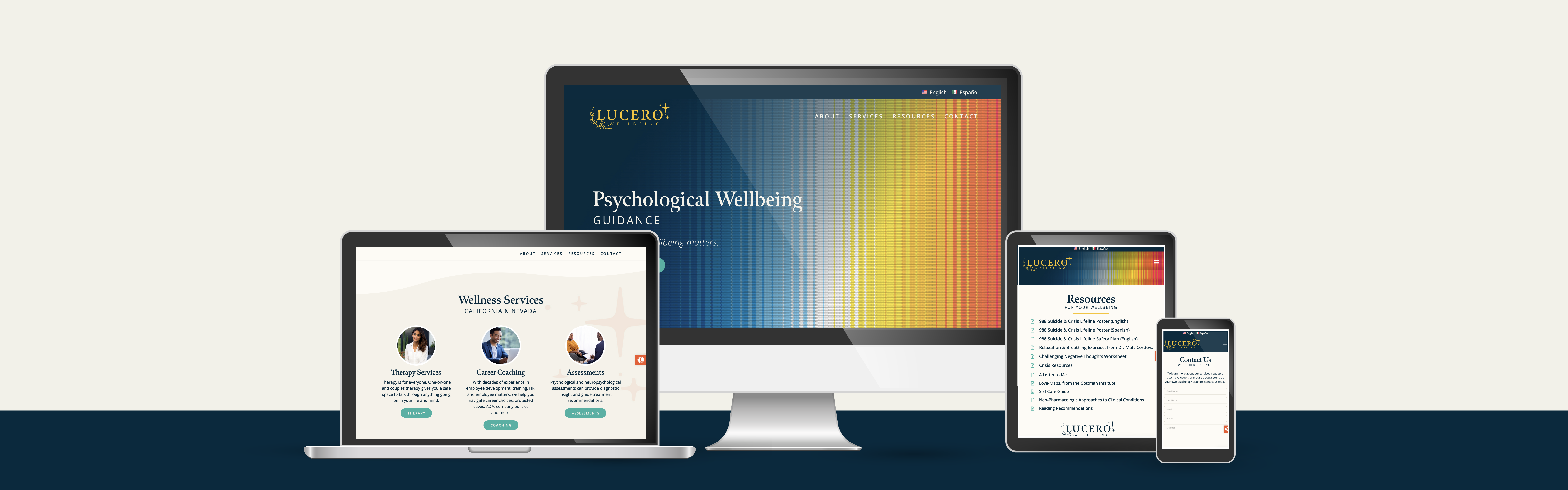 A digital device mockup displaying the Lucero Wellbeing guidance website on a desktop computer, tablet, and smartphone.
